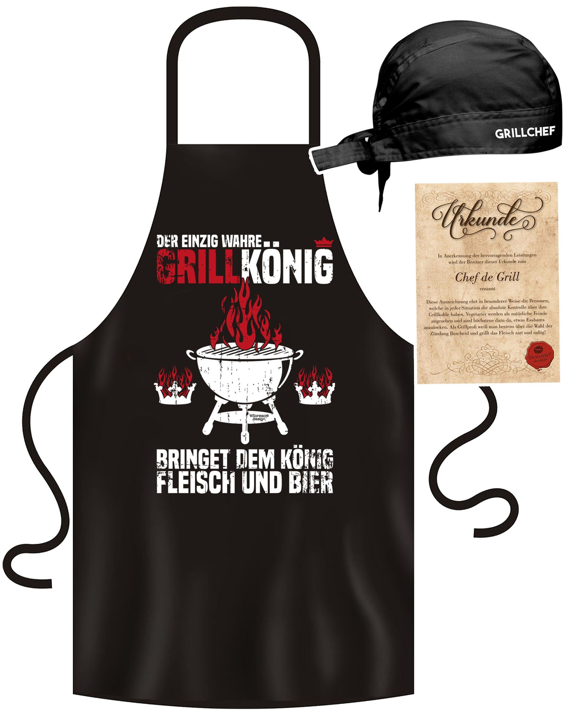 Soreso® Grillschürze Grill-Schürze für Männer Lustig Grillset Grillkönig,  (Spar-Set, Geschenk-Set, 3-teiliges Set, 1x Grillschürze+ 1x Grillmütze +1x  Urkunde), Grillschürze handgefertigt in Deutschland, Qualitätsprodukt