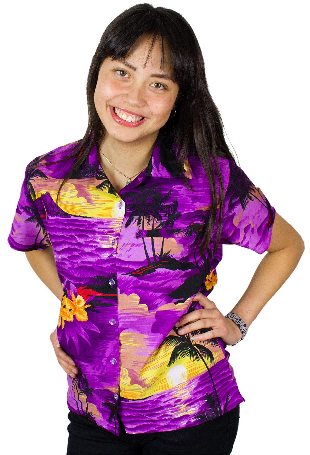 King Kameha Hawaiihemd Surf Funky Hawaiibluse Damen Kurzarm Front-Tasche Stylish