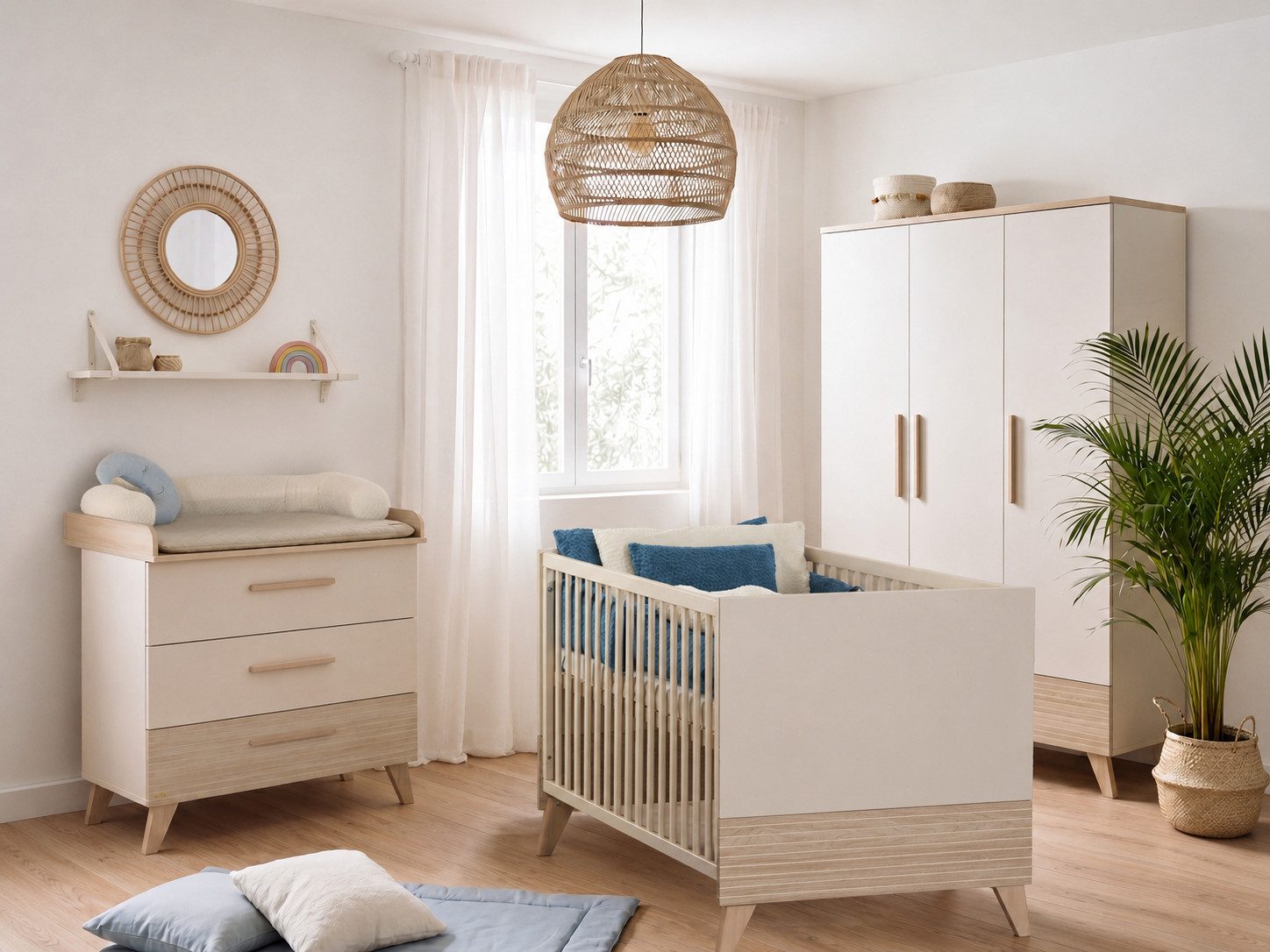 roba® Babyzimmer-Komplettset Sidney - modernes Kinderzimmer in Cashmere & Eiche, (Komplett-Set, 3-tlg., Babybett 70 x 140 cm, Wickelkommode, Kleiderschrank), Griffe & Füße aus Massivholz - Mit hochwertigen Fräsungen im Holz