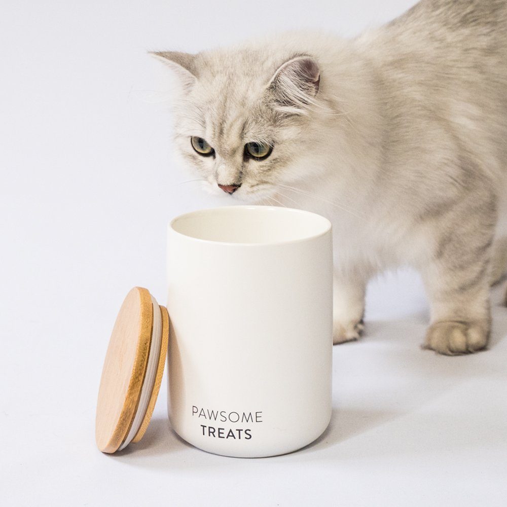 LucyBalu Futterbehälter Luftdichte Katzenfutter- & Leckerlidose aus Keramik mit Bambus-Deckel
