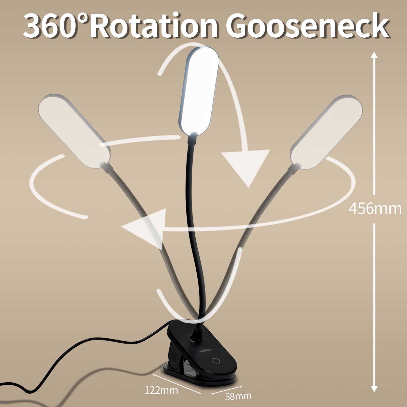 LQWELL LED Leselampe Klemmlampe Leselampe Bett, Dimmbare Klemmleuchte, LED fest integriert, 3 Helligkeitsstufen & 360° Flexible Klemme Schreibtischlampe, mit Touch-Funktion für Heimbüro