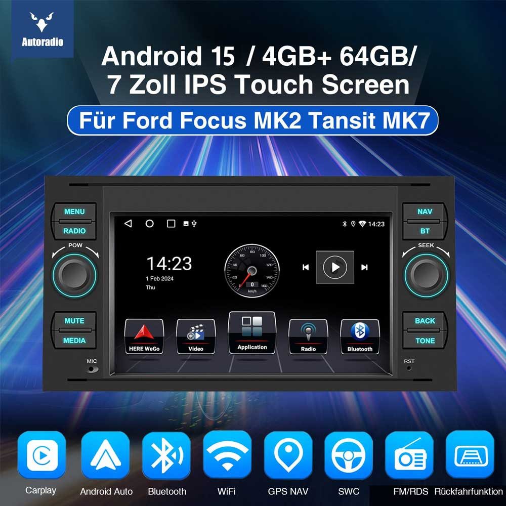 ESSGOO 7" Android 15 Für Ford Focus Transit MK7 C S-Max Fiesta Galaxy Kuga Autoradio (RDS, 2+64GB(optional), 4G, FM, DAB+ (optional), GPS Navi Carplay Android A – Bild 2 von 5