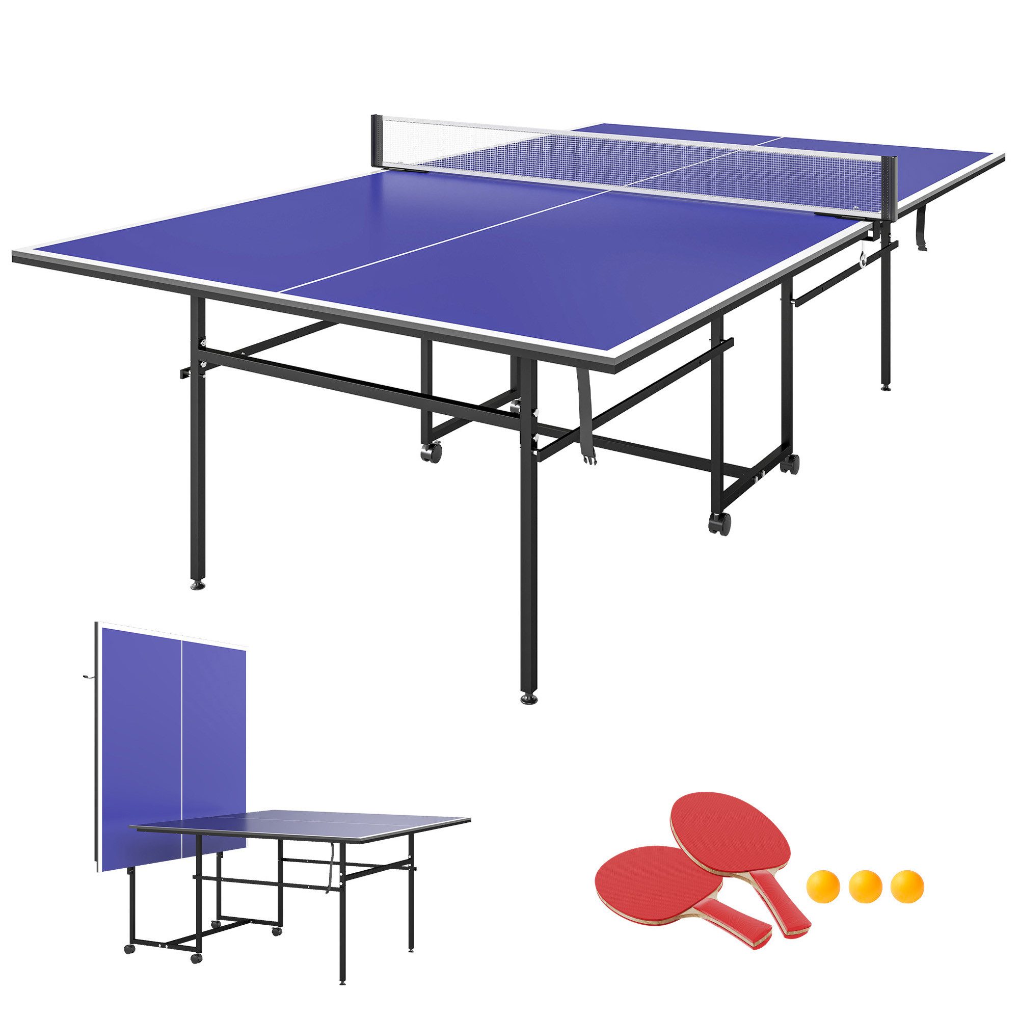 SPORTNOW Tischtennisplatte Klappbar, Indoor, mit Rollen, Stahl, Blau, 274 x 152,5 x 75,5 cm (Tischtennisspiel-Set, 1-tlg., Tischtennistisch), Das Netz ist im Li – Bild 2 von 5