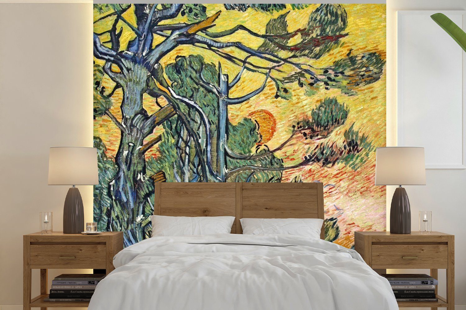 Gogh, Küche, bedruckt, Fototapete Schlafzimmer van bei Fototapete Vincent Vliestapete (4 Sonnenuntergang für Wohnzimmer Tannenbäume MuchoWow - Matt, St),