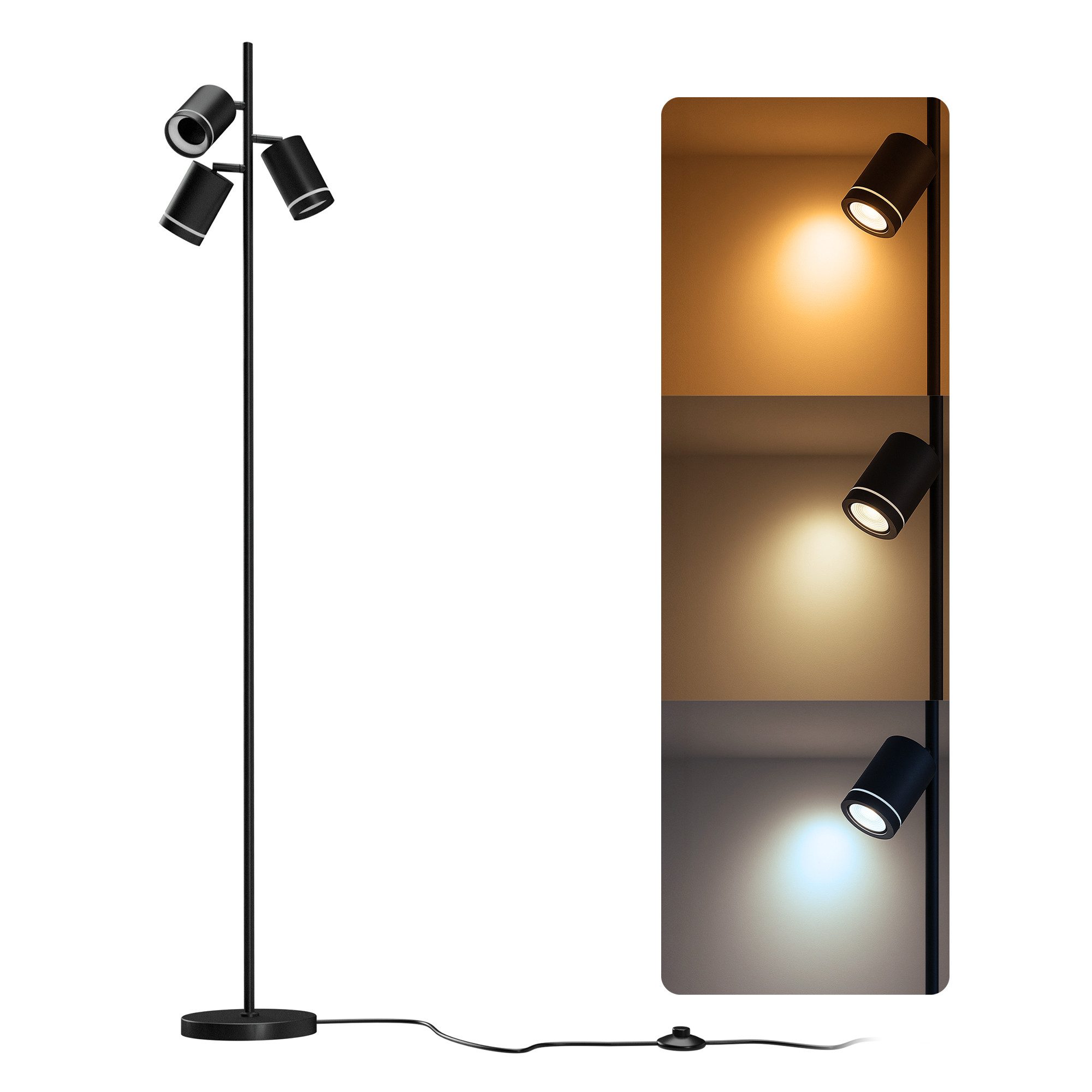 linovum LED Spiegelleuchte Stehleuchte TAVIRA drehbar inkl. 3x GU10 Lampen 6W 3 Lichtfarben 3CCT, Neutralweiß, Warmweiß, Tageslichtweiß