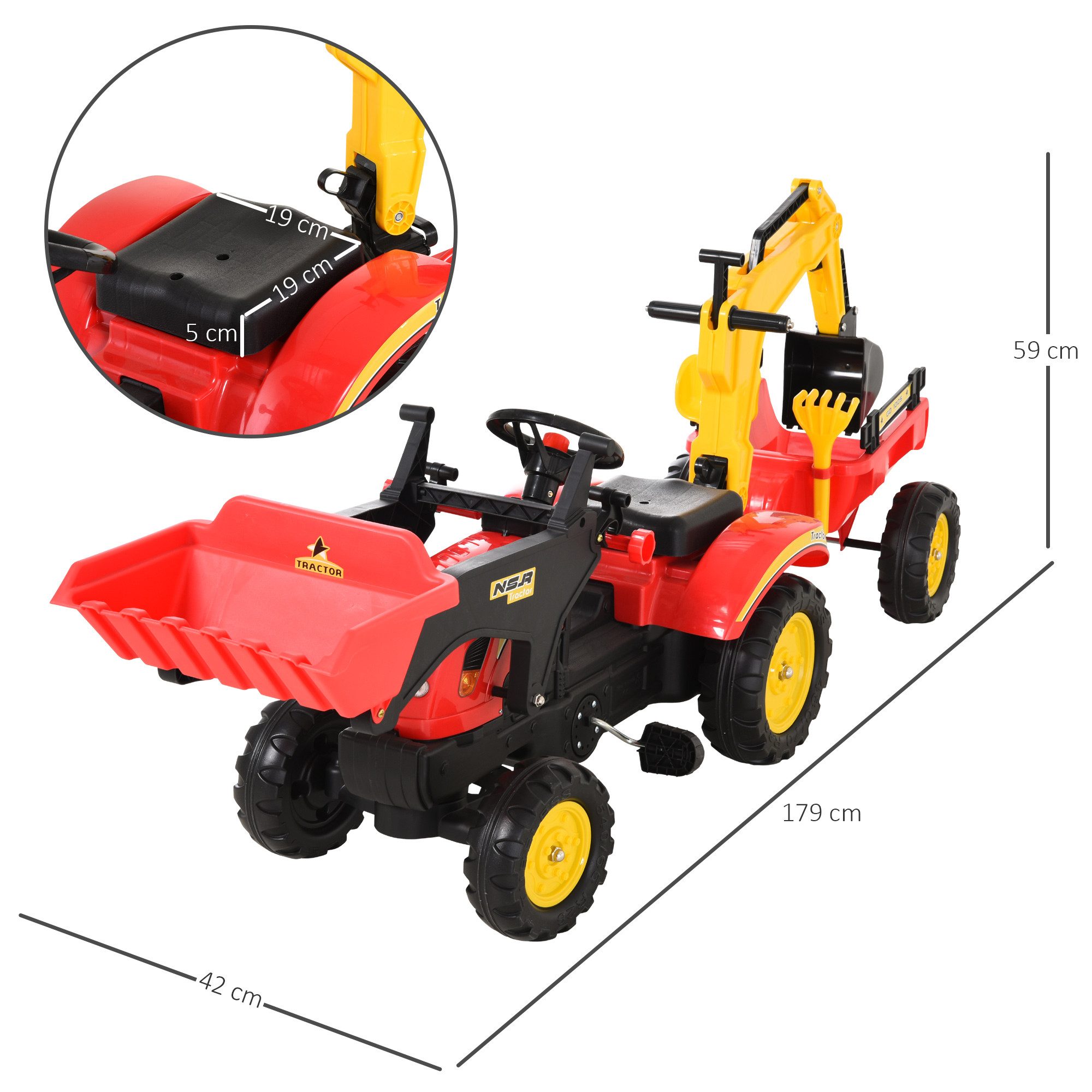HOMCOM Rutscher Trettraktor mit Anhänger Tretbagger, (Kinderfahrzeug, 1-tlg., Kindertrettraktoren), Stahl Kunststoff Rot 179 x 42 x 59 cm