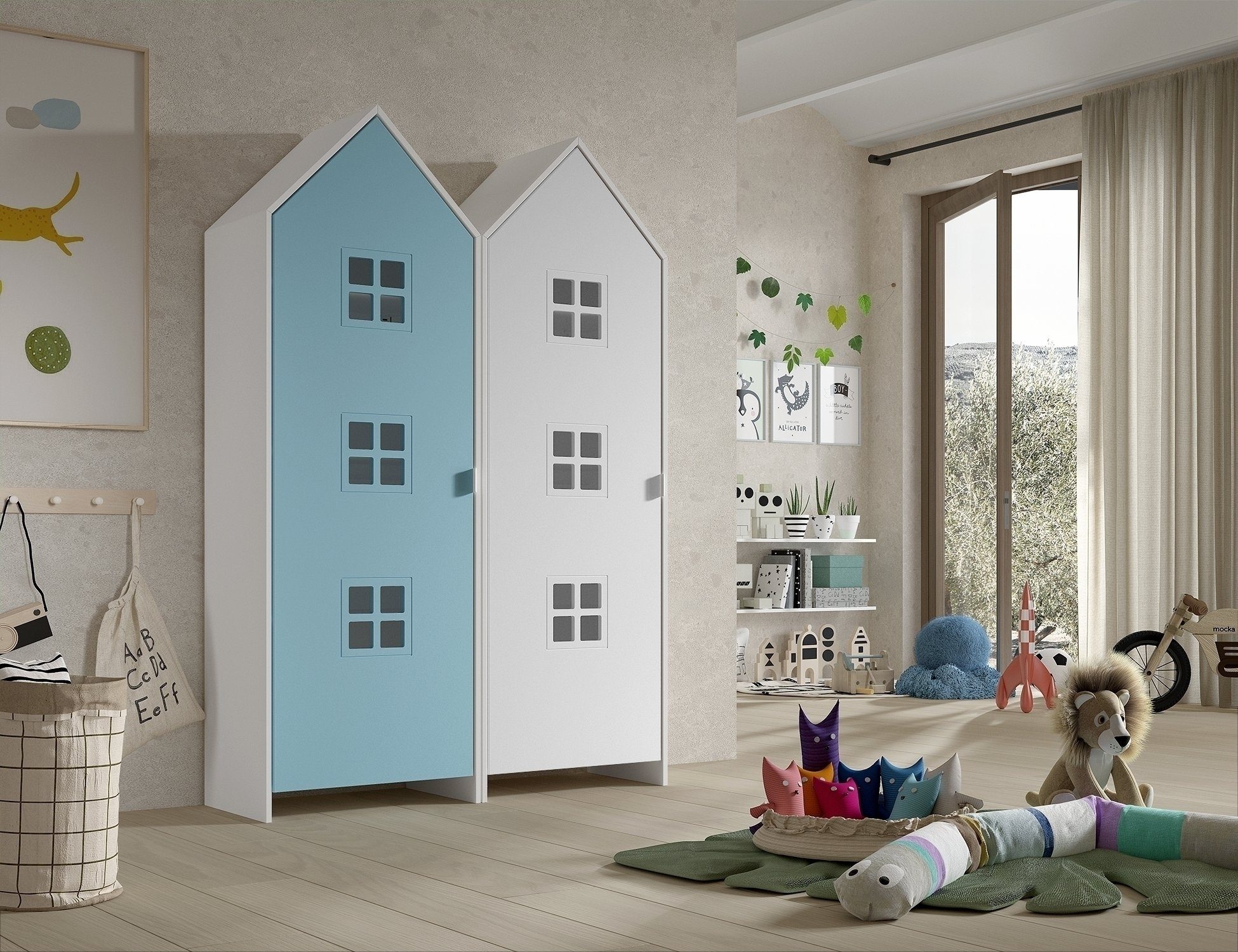 Vipack Kleiderschrank CASAMI BRUGES in Korpus Weiß / Front Blau u. Weiß, MDF