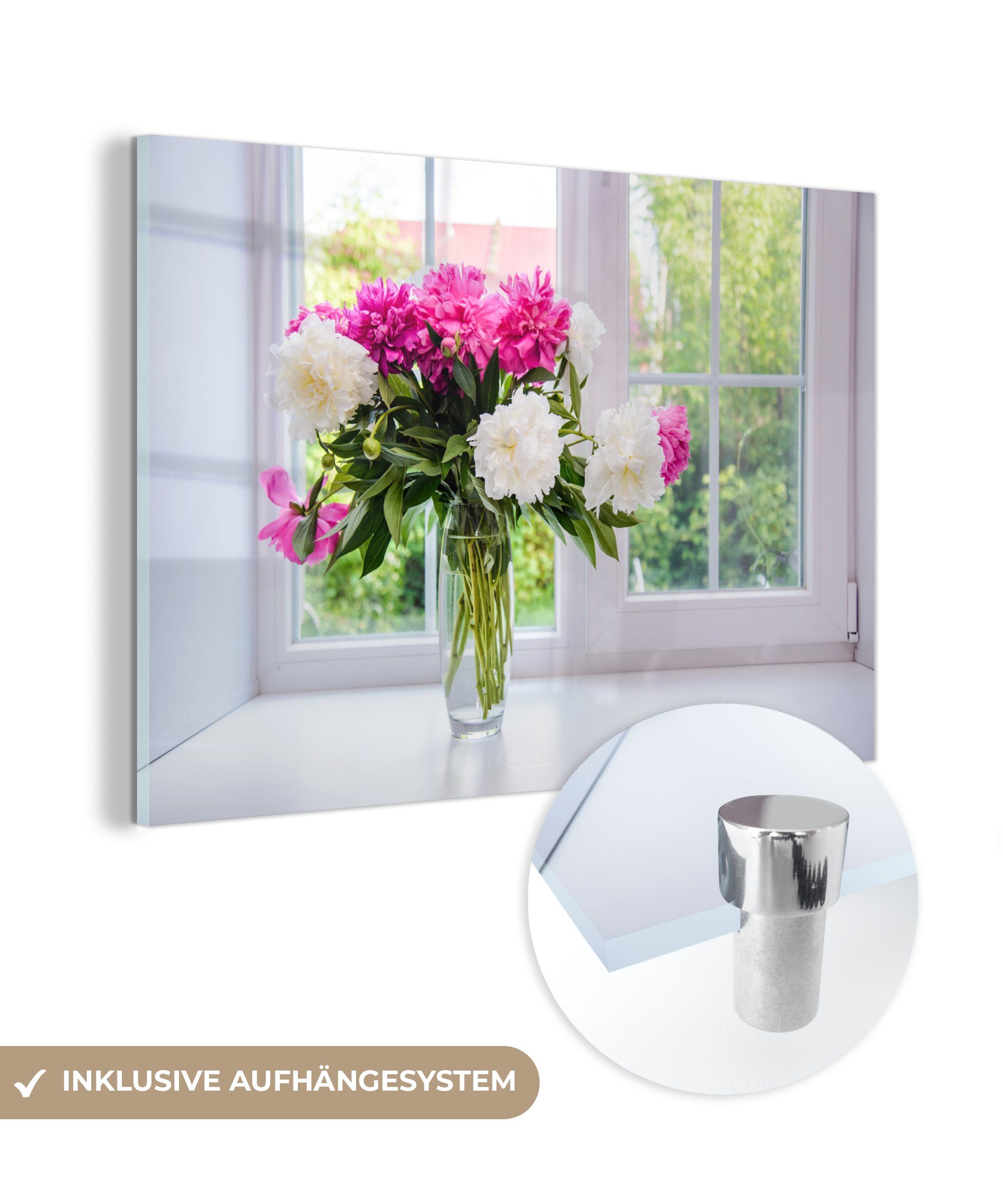 Bilder Glasbilder Acrylglasbild Wandbild - St), Pfingstrosen - auf auf - (1 MuchoWow - Blumen Foto Wanddekoration Vase, Glas - Glas