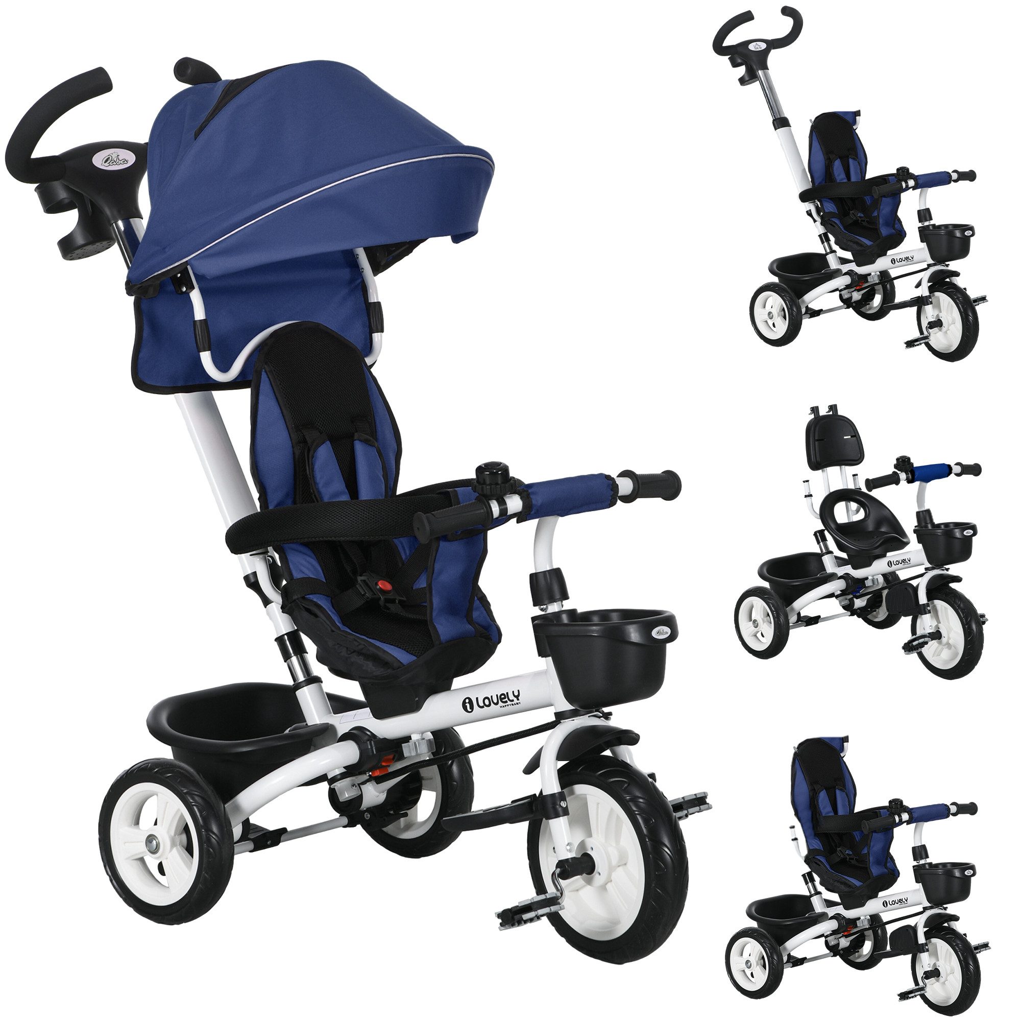 HOMCOM Dreirad 6 in 1 Kinderdreirad, vorwärts/rückwärts, Korb+Getränkehalter, für 1-5 Jahre Kinder, Blau