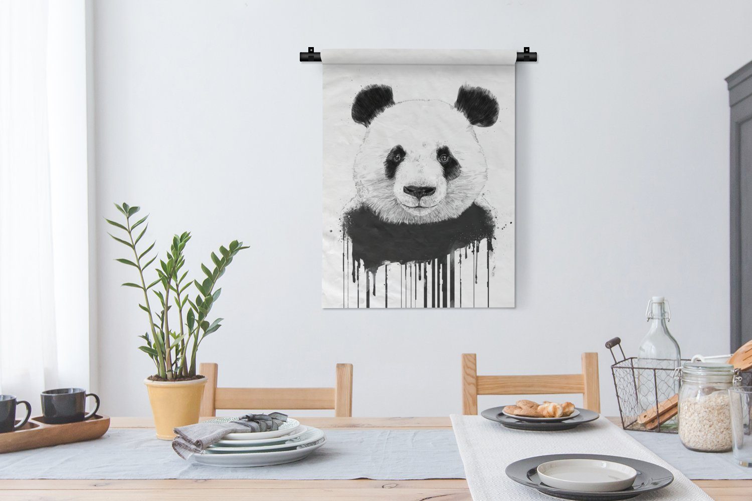 Wanddekoobjekt Schlafzimmer - Wand, MuchoWow der Tropfen Weiß, für Deko Tiere - - Panda an Tapisserie, Wohnzimmer,