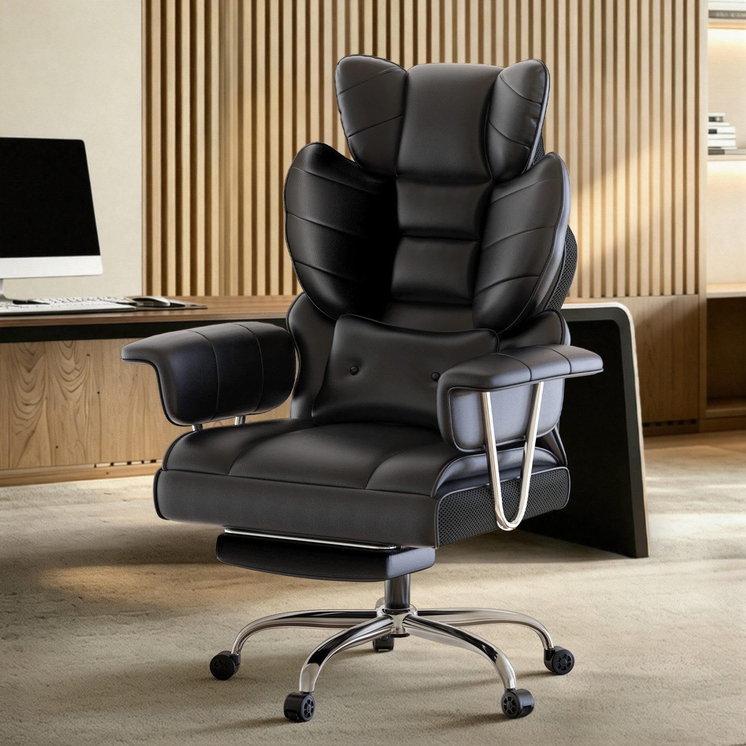 ZAISZE Bürostuhl Ergonomischer Leder Chefsessel mit Fußstütze – Komfort & Stil (Spar-Set), Hochlehner,Kopfstütze & Lordosenstütze,Höhenverstellbar & Drehbar
