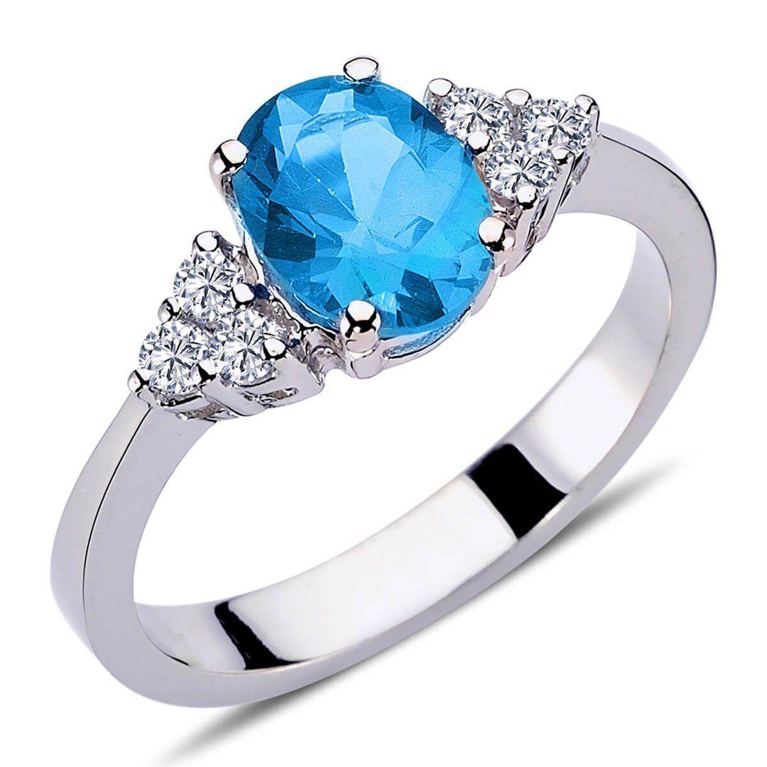 EinStein Diamant Diamantring Diamant Oval Blauer Topas Ring 14 Karat Weißgold, Rubin, Diamantring, Damenring, Unbehandelter Diamant, Brillant-Schliff
