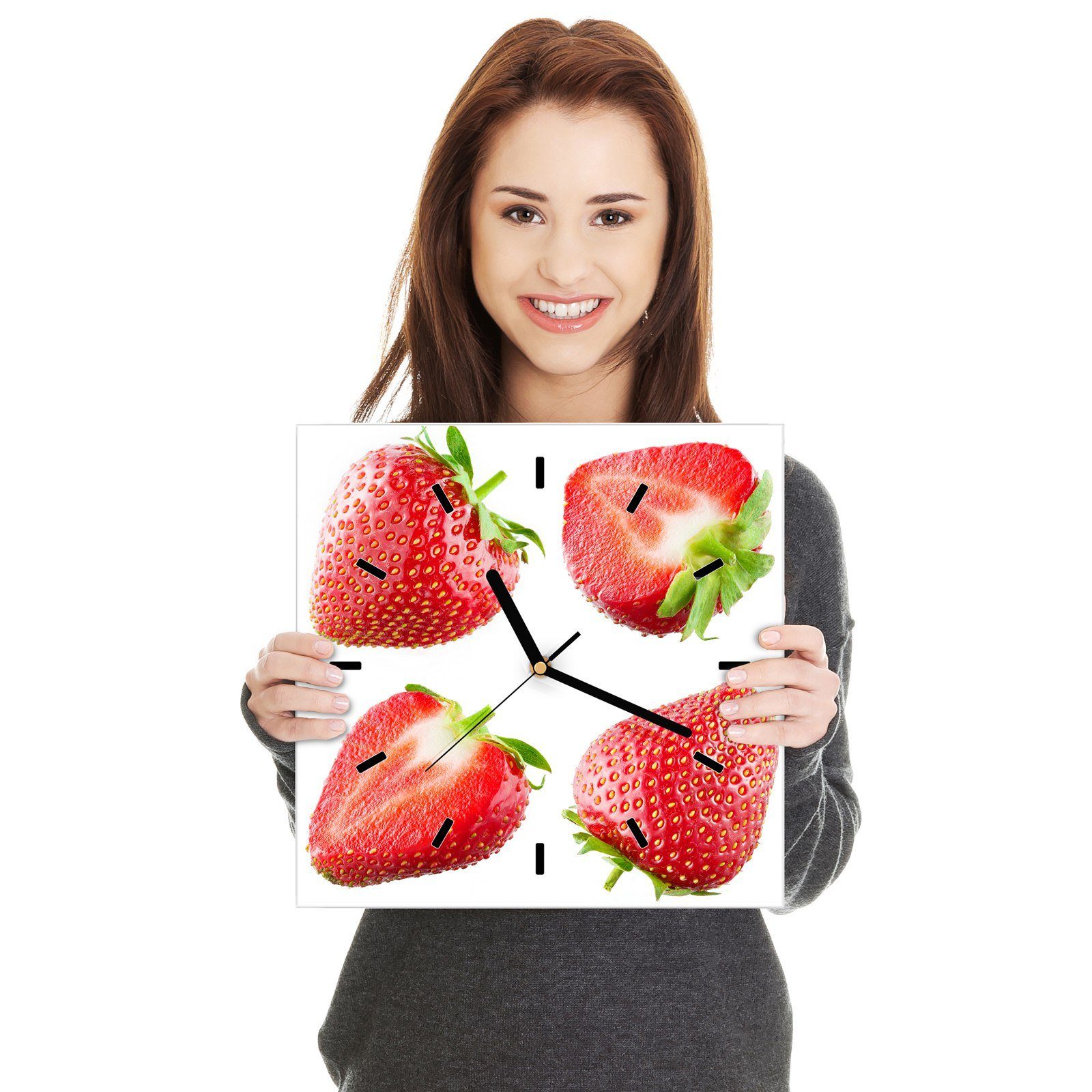 Primedeco Wanduhr Glasuhr Wanduhr x 30 Erdbeeren 30 mit Größe cm Wandkunst Motiv Vier