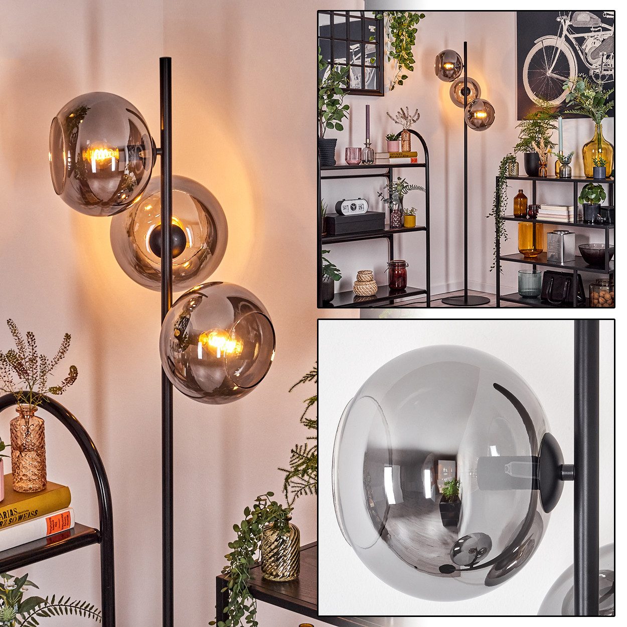 Stehlampe Stehlampe aus Metall/Glas in Schwarz/Rauch mit Fußschalter