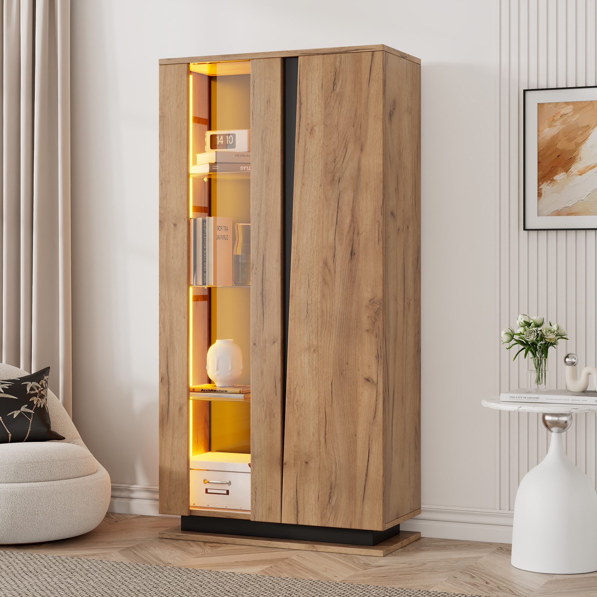 Merax Vitrine mit LED-Beleuchtung in Holzoptik mit Schwarz (Wohnzimmerschrank Hochschrank Standregal Schrank, 1-St., 80x35x160 cm) Standvitrine mit 8 Ablageflächen, Glastrennwänden, Acryl- & Holztüren