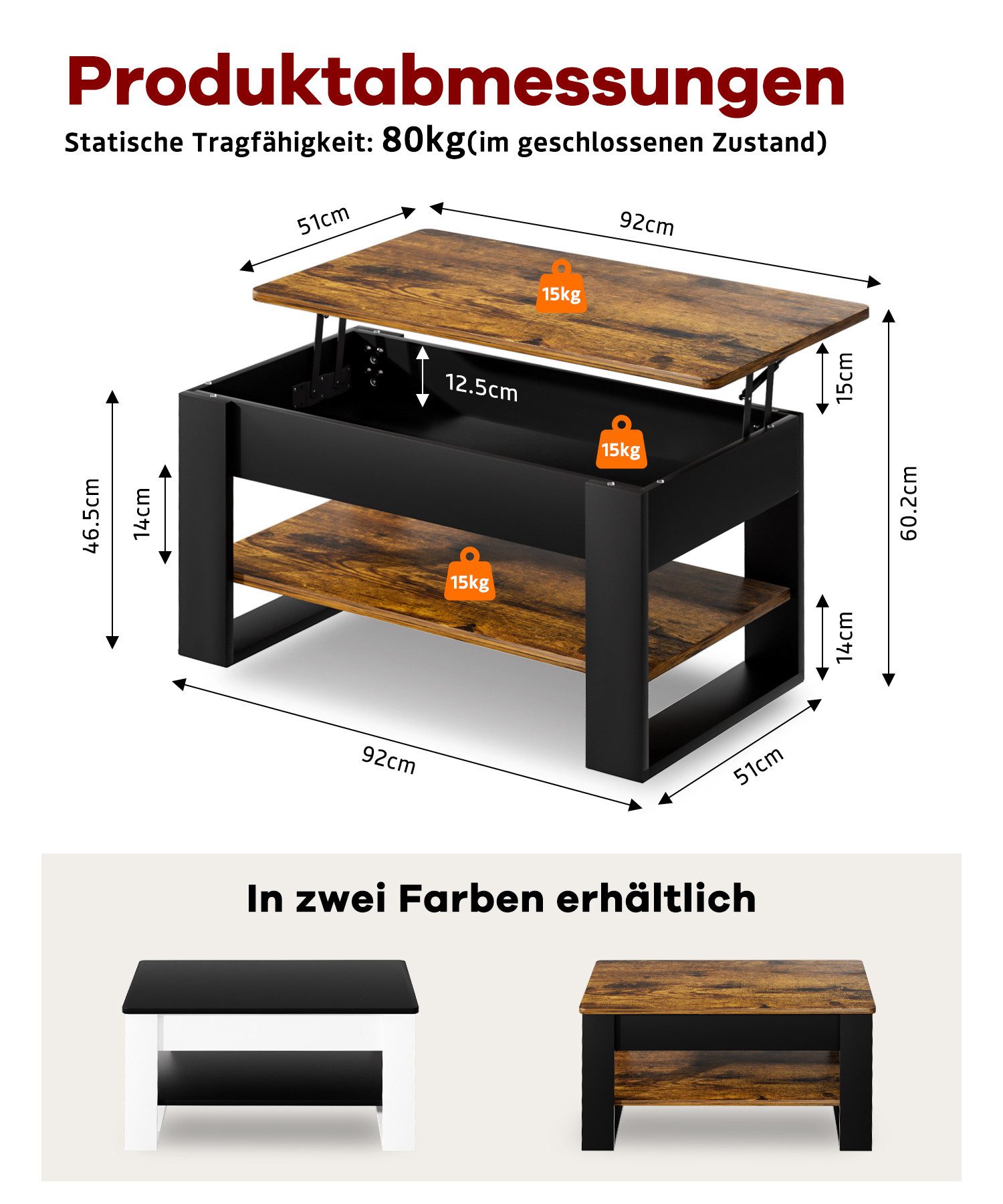 Yorbay Couchtisch Höhenverstellbar 46-60cm mit Gasfeder & verstecktem Fach, Sofatisch mit Stauraum, Wohnzimmertisch, stabil bis 80kg