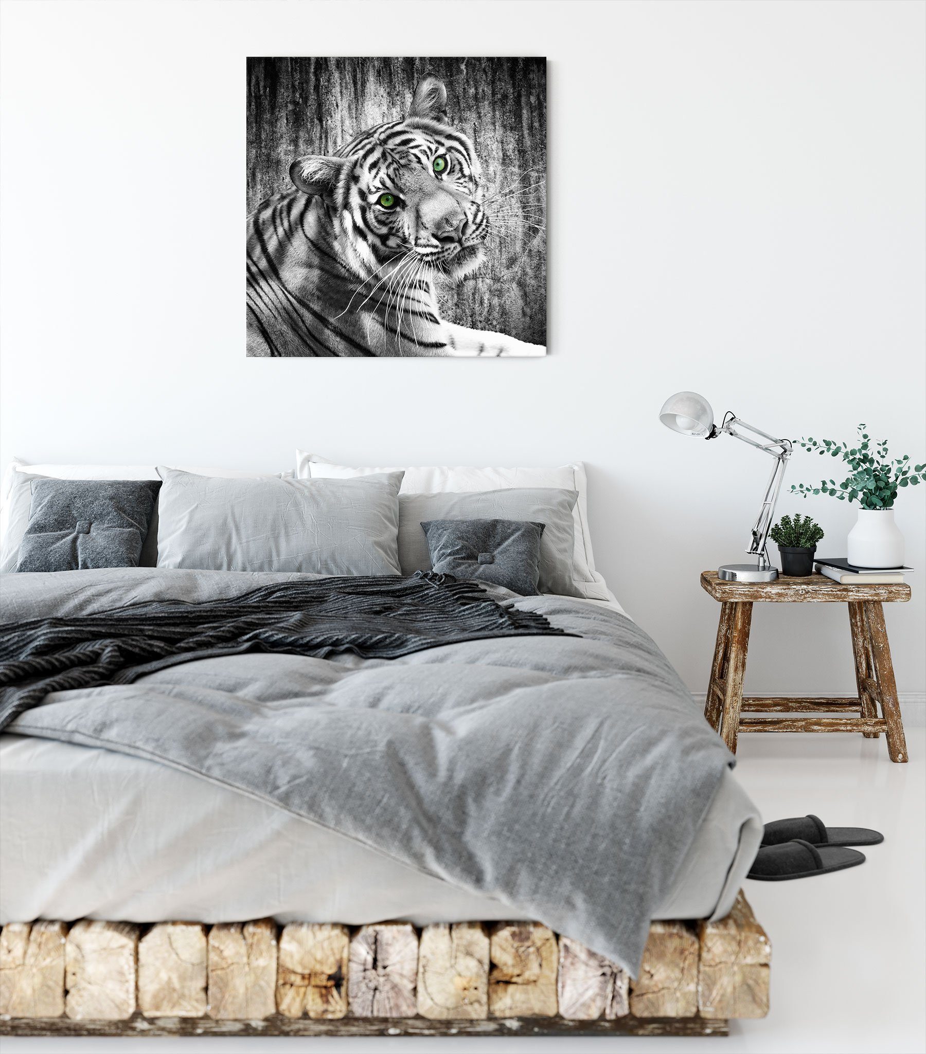 (1 neugieriger St), schöner Pixxprint Tiger Zackenaufhänger schöner fertig Tiger, Leinwandbild Leinwandbild neugieriger bespannt, inkl.