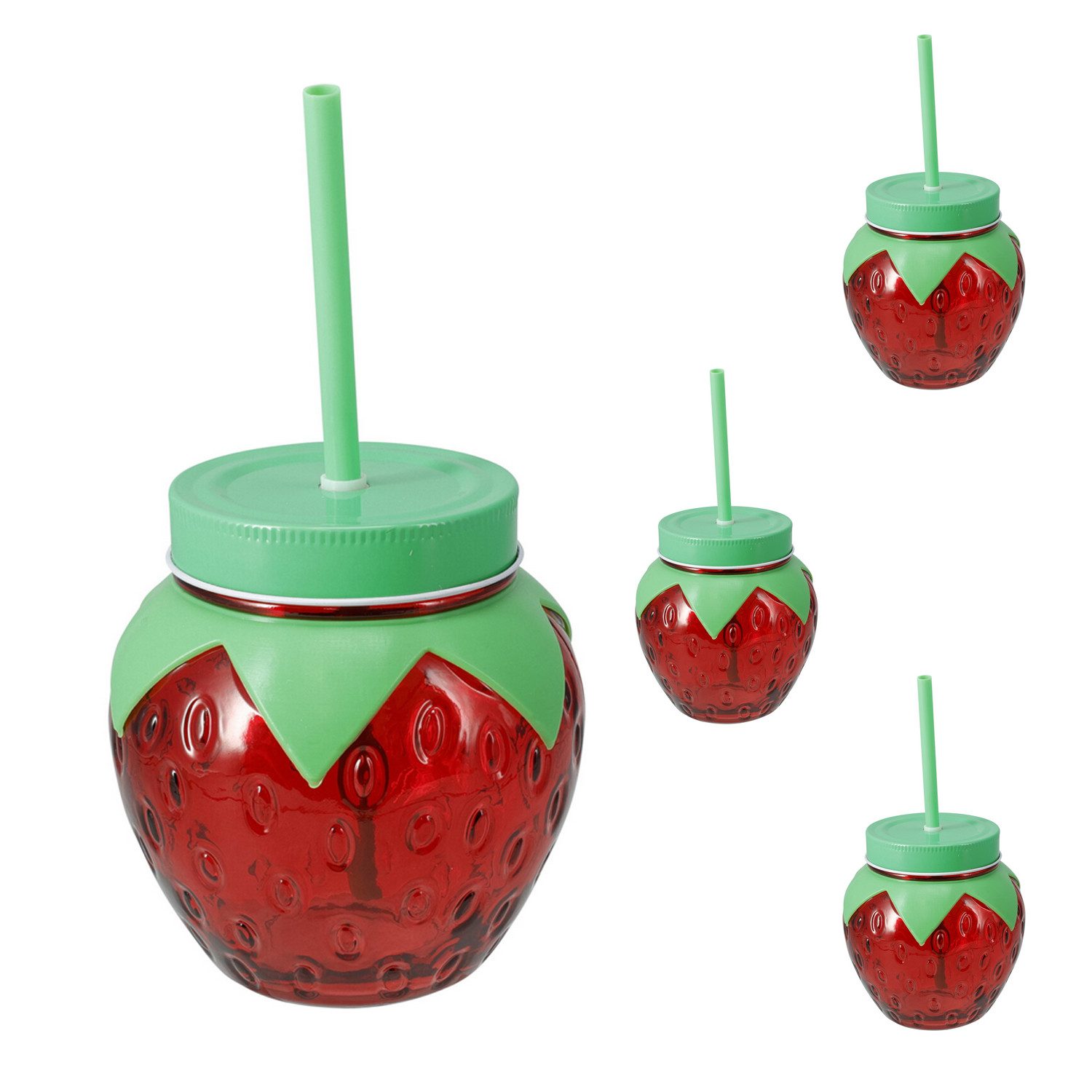 Mojawo Thermotasse 4er Trinkglas Wasserglas Saftglas Strohhalm Deckel Erdbeere 480ml