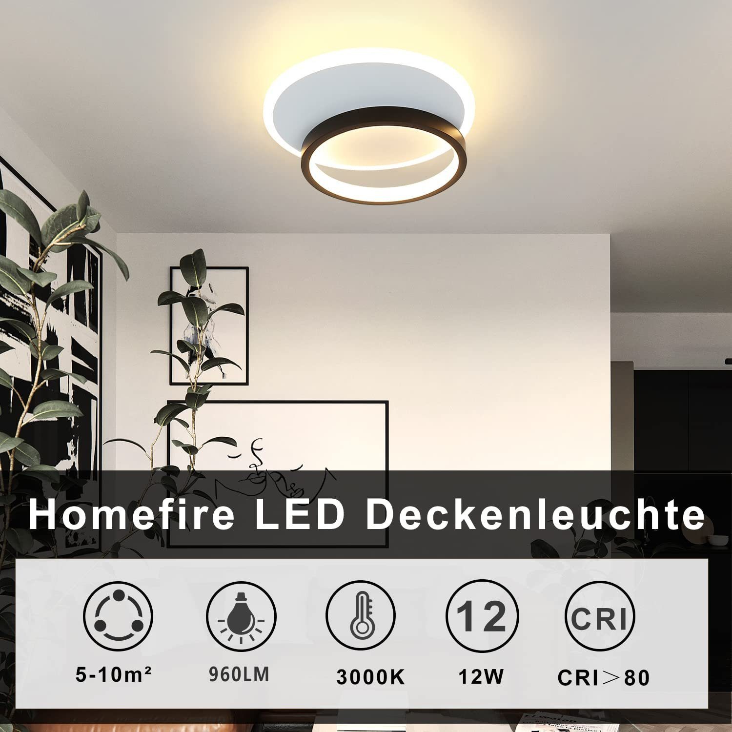 Modern Schwarz LED Design fest Warmweiß, integriert, Wohnzimmerlampe, 12W LED Ringe, Weiß Deckenleuchte 2 Acryl ZMH
