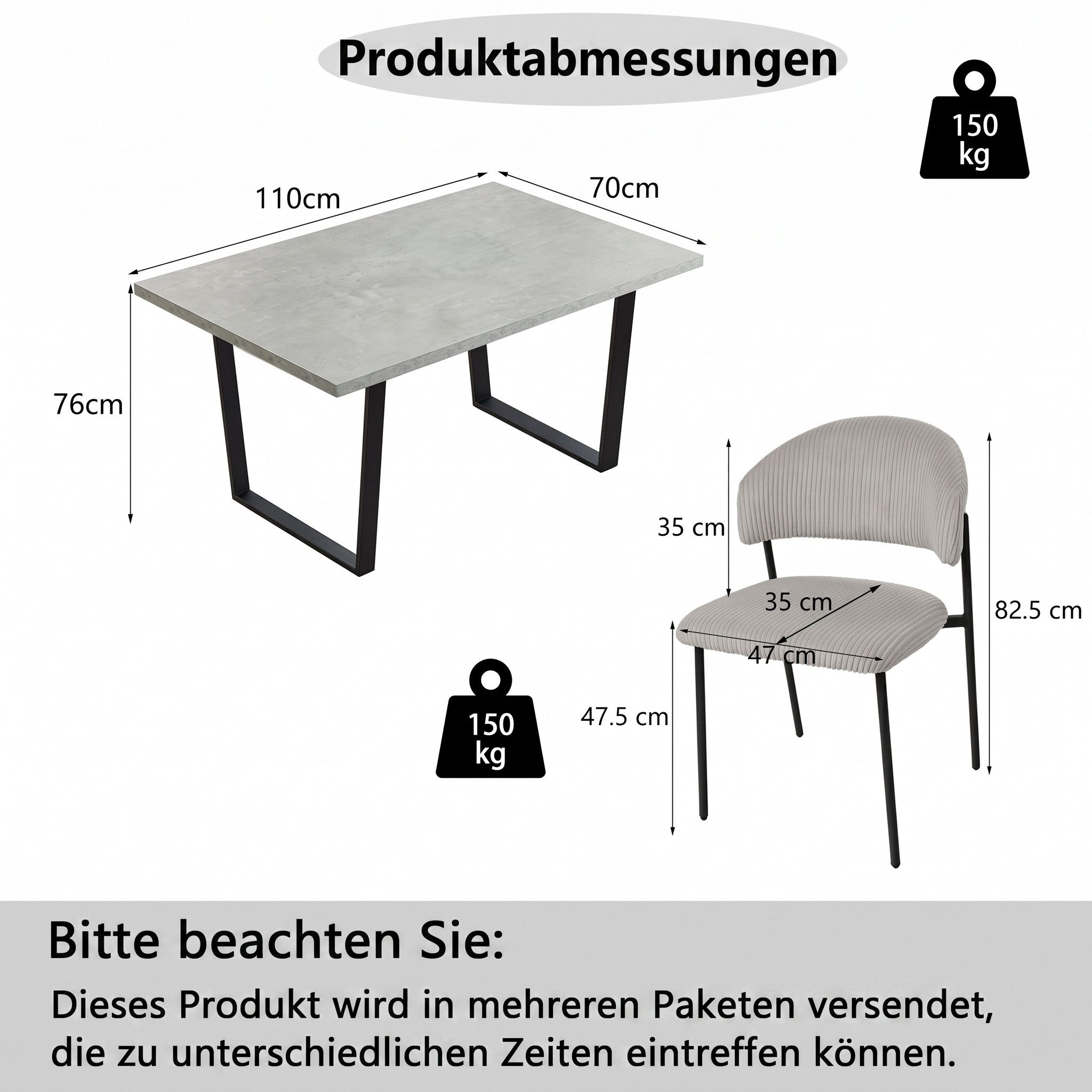 Jiexi Essgruppe Essgruppe 110x70cm MDF-Platte fix Tisch mit Cord-Polsterstühlen