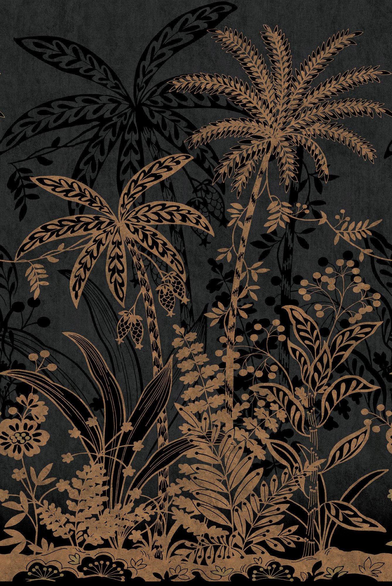 Rasch Fototapete Palmen, tropische Blätter in Gold und Schwarz - 3,00m x 2,00m, glatt, Palmen, exotisch, Dschungel, tropisch, botanisch, (1 St), Dschungel