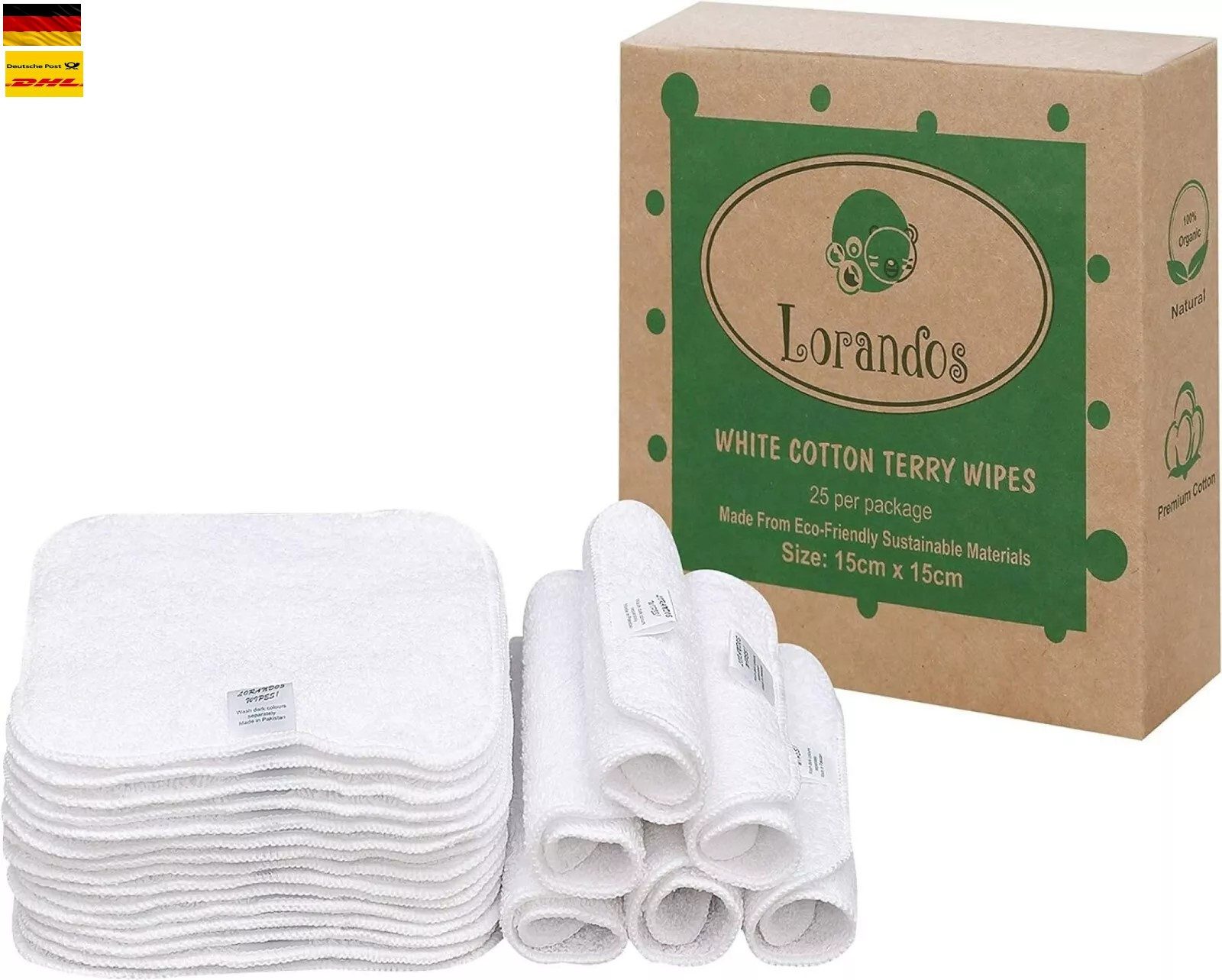 Montegoni Waschhandschuh 100 % Baumwolle Frottee wiederverwendbare Babytücher, (Flanell-Waschlappen 25er Pack - 15x15cm - Weiß), parfümfrei waschbar ultraweiche und super saugfähige