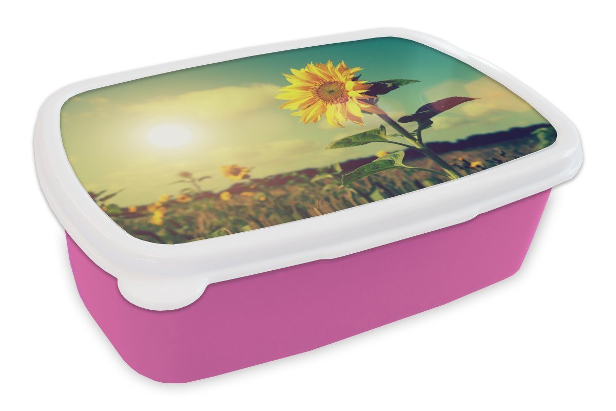 Brotdose Sonnenblume Sonne Lunchbox Kunststoff Mädchen, für Erwachsene, Brotbox - Kunststoff, Kinder, - MuchoWow (2-tlg), Frühling, rosa Snackbox,