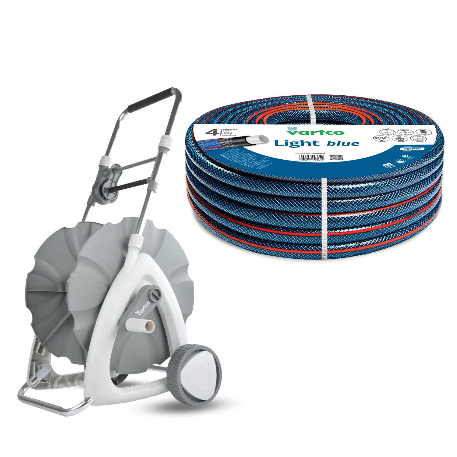 Vartco Schlauchwagen Gartenschlauch-Set Light Blue 1/2'' 30 m + Rollwagen, UV-beständig, Algenbeständig