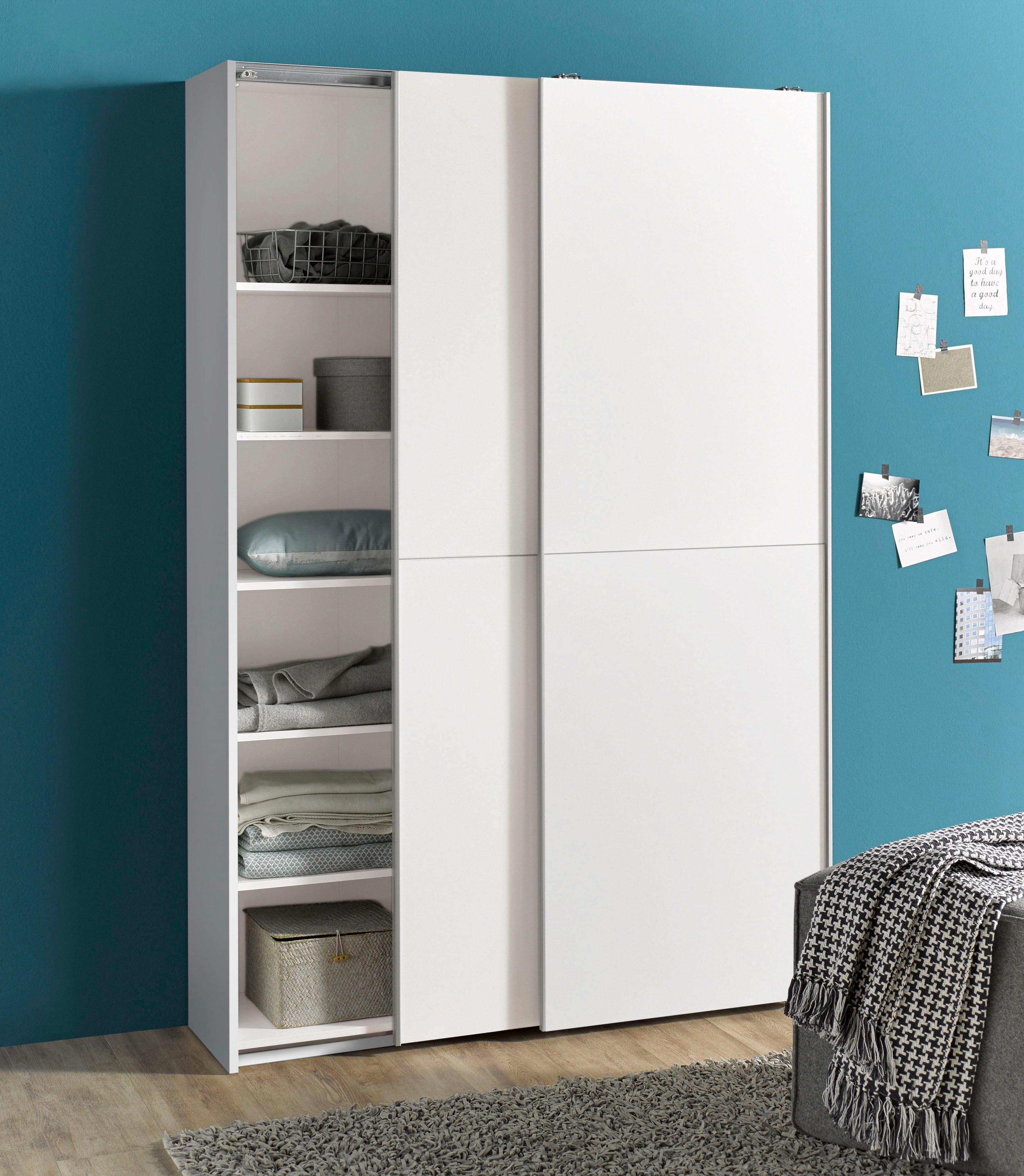 Schlafkontor Schwebetürenschrank Heimo/Fast Schrank Kleiderschrank Garderobe geringe Tiefe, ausziehbarer Kleiderstange, Garderobenschrank, 6 Böden