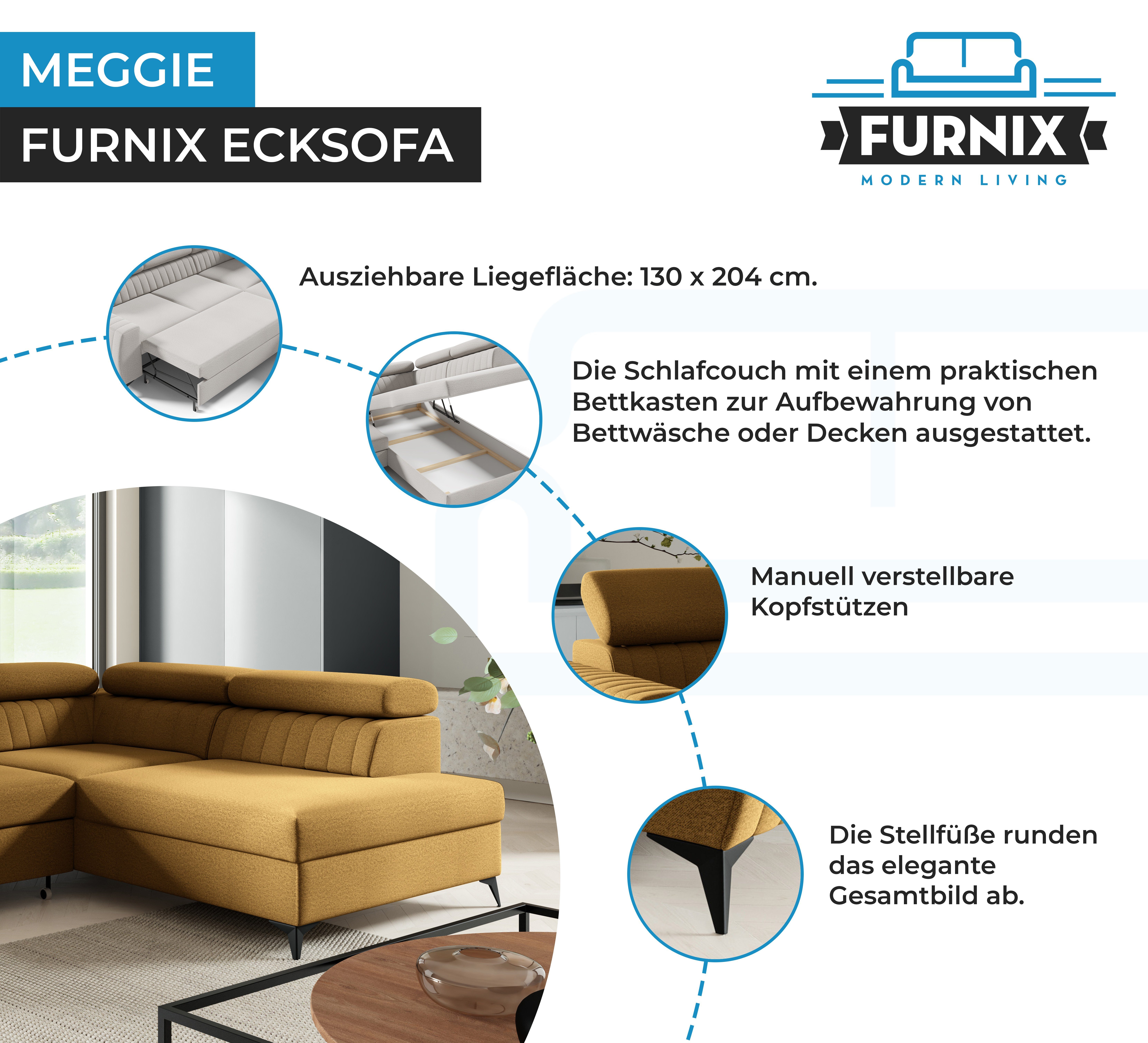 EL08 Furnix Schlaffunktion 204 T200 MEGGIE Sofa Liegefläche: cm x Auswahl, x Polstercouch x Ecksofa 130 mit B270 Ocker H95 cm, Maße: Bettkasten