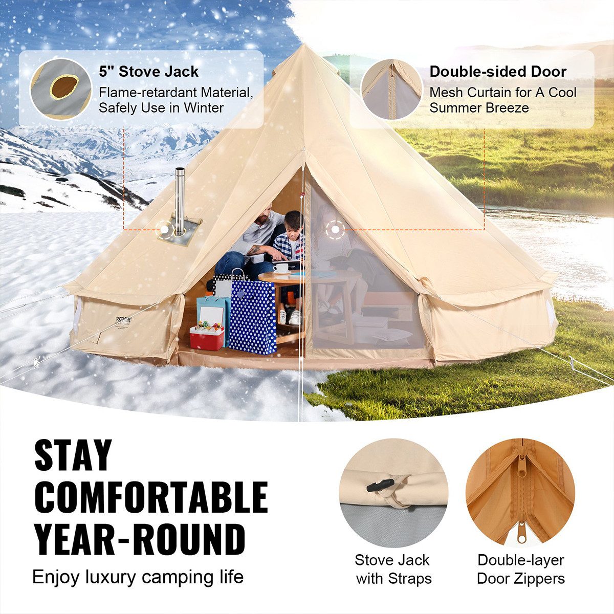 XDeer Tipi-Zelt Tipi-Zelt mit Einer PVC-Bodenplane Glockenzelt Campingzelt, 6 Personen Familienzelt 8 Fenster Gruppenzelt Jurten Zelt