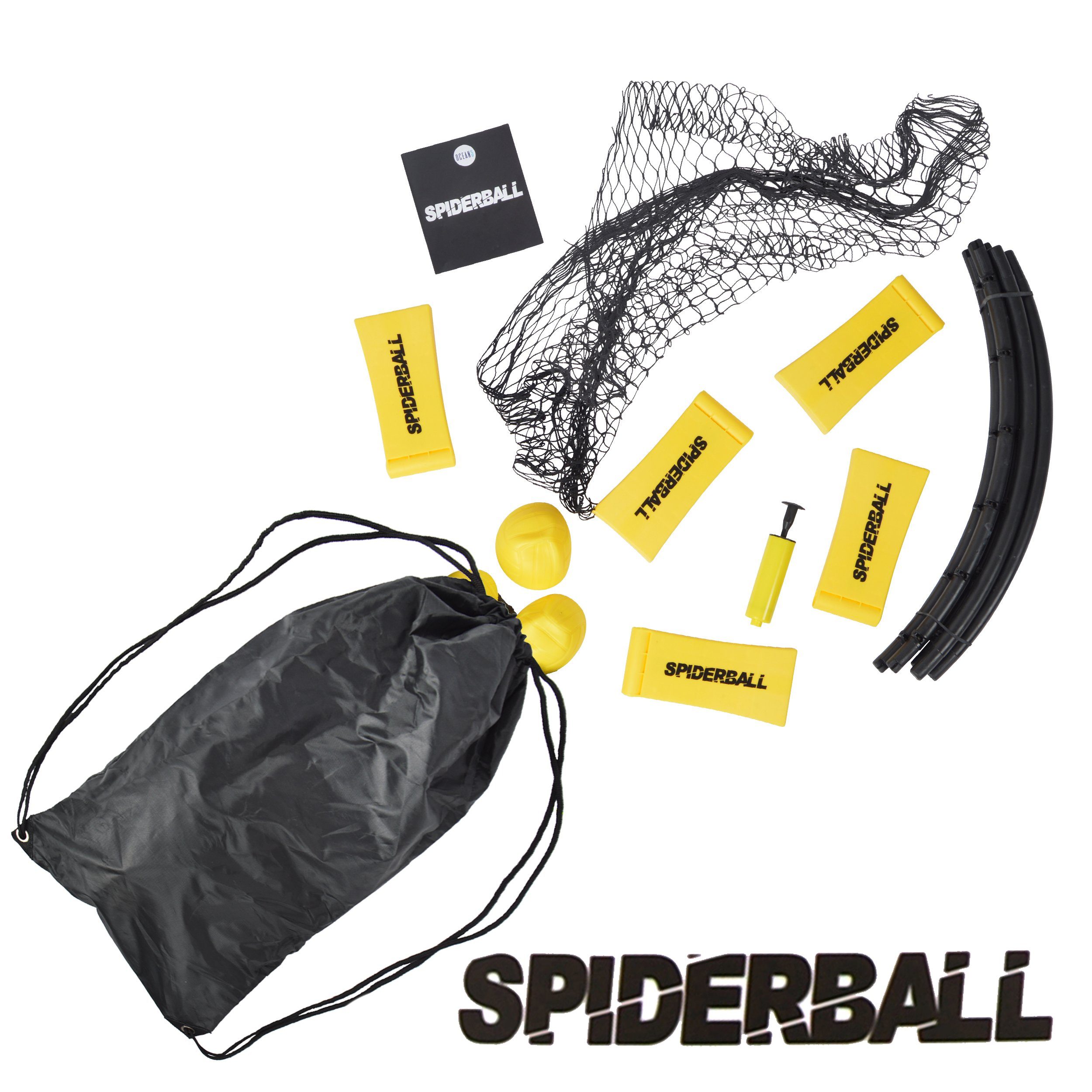 Ocean5 Spiel Gartenspiel Spiderball, Familienspiel, Mit praktischer Tasche, 3 Bällen, Ball-Pumpe & Netz mit Gestell
