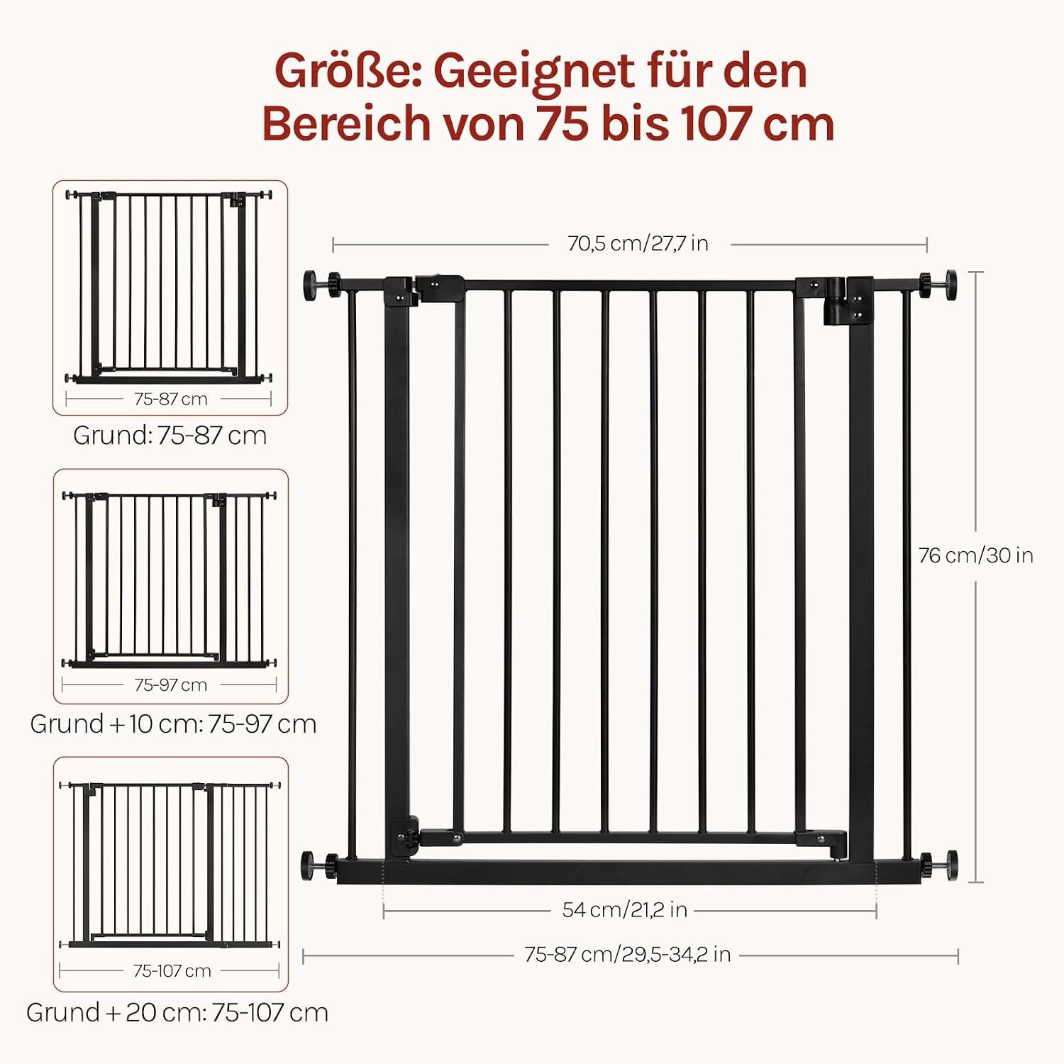 Woltu Treppenschutzgitter (1 St), 75-87 cm, Auto-Close, 90° Stop, 2 Riegel