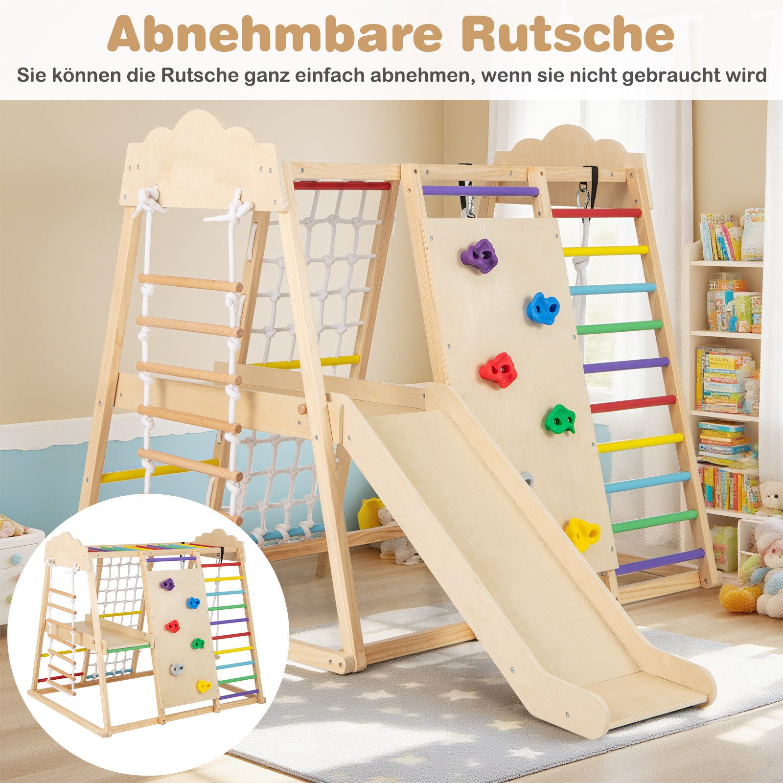 COSTWAY Klettergerüst, 8 in 1 hölzerne Kletterdreieck mit Rutsche & Schaukel, indoor