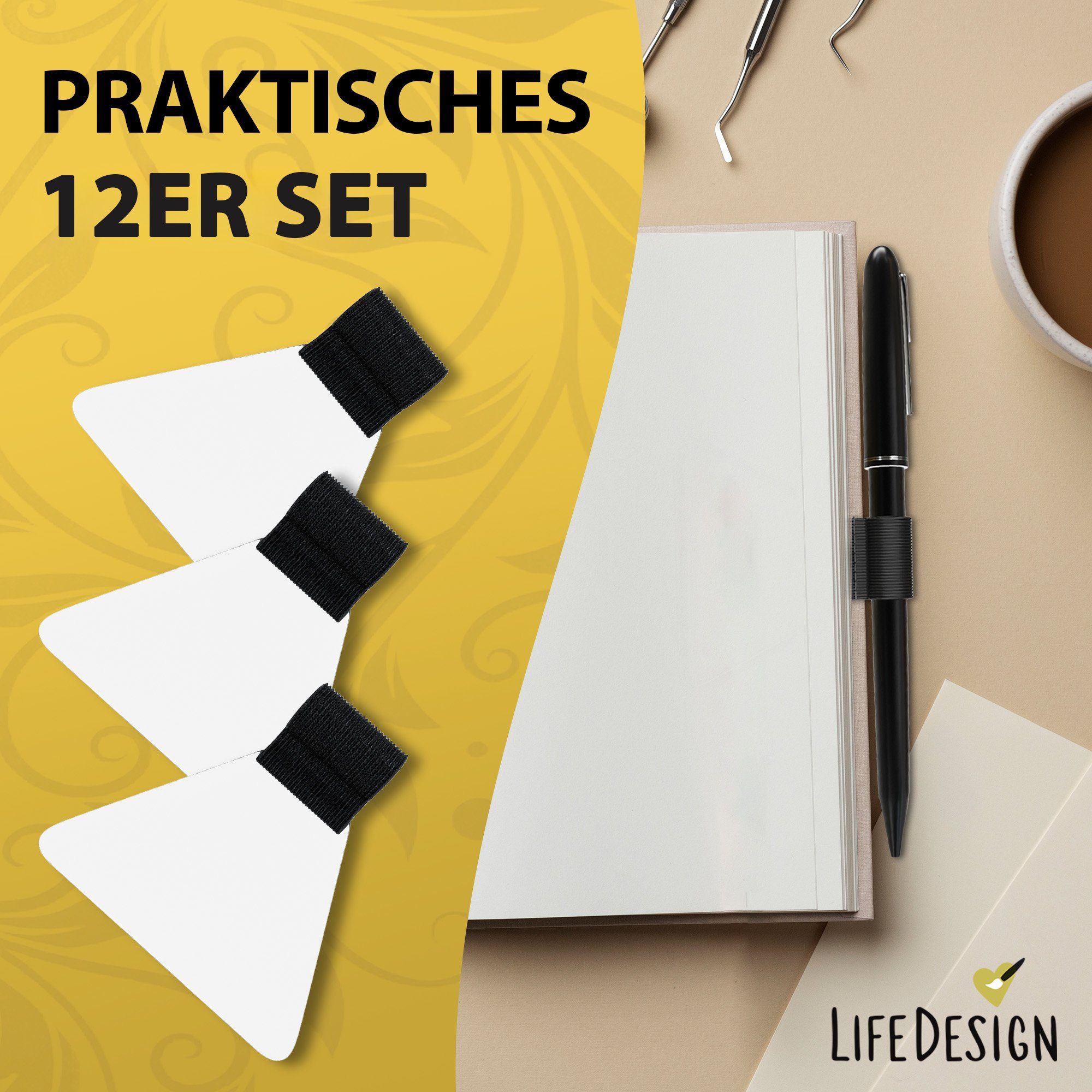 LifeDesign Notizbuch Stiftehalter, Pen-Loop 12er Set, Stifthalter, selbstklebend für alle Stiftarten & Bücher