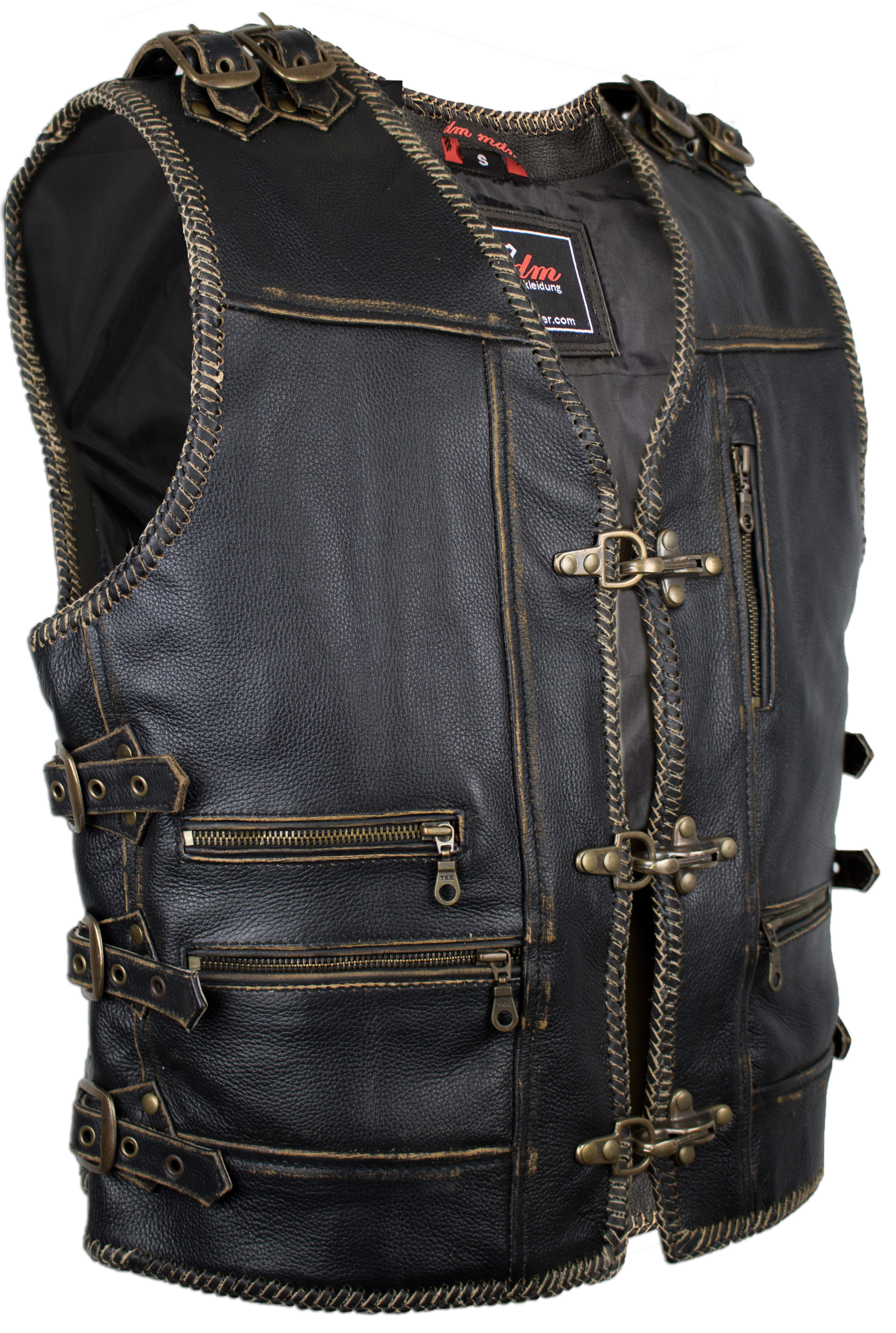 MDM Lederweste Herren Leder Kutte Schnallen Heavy Kutte im Used Look