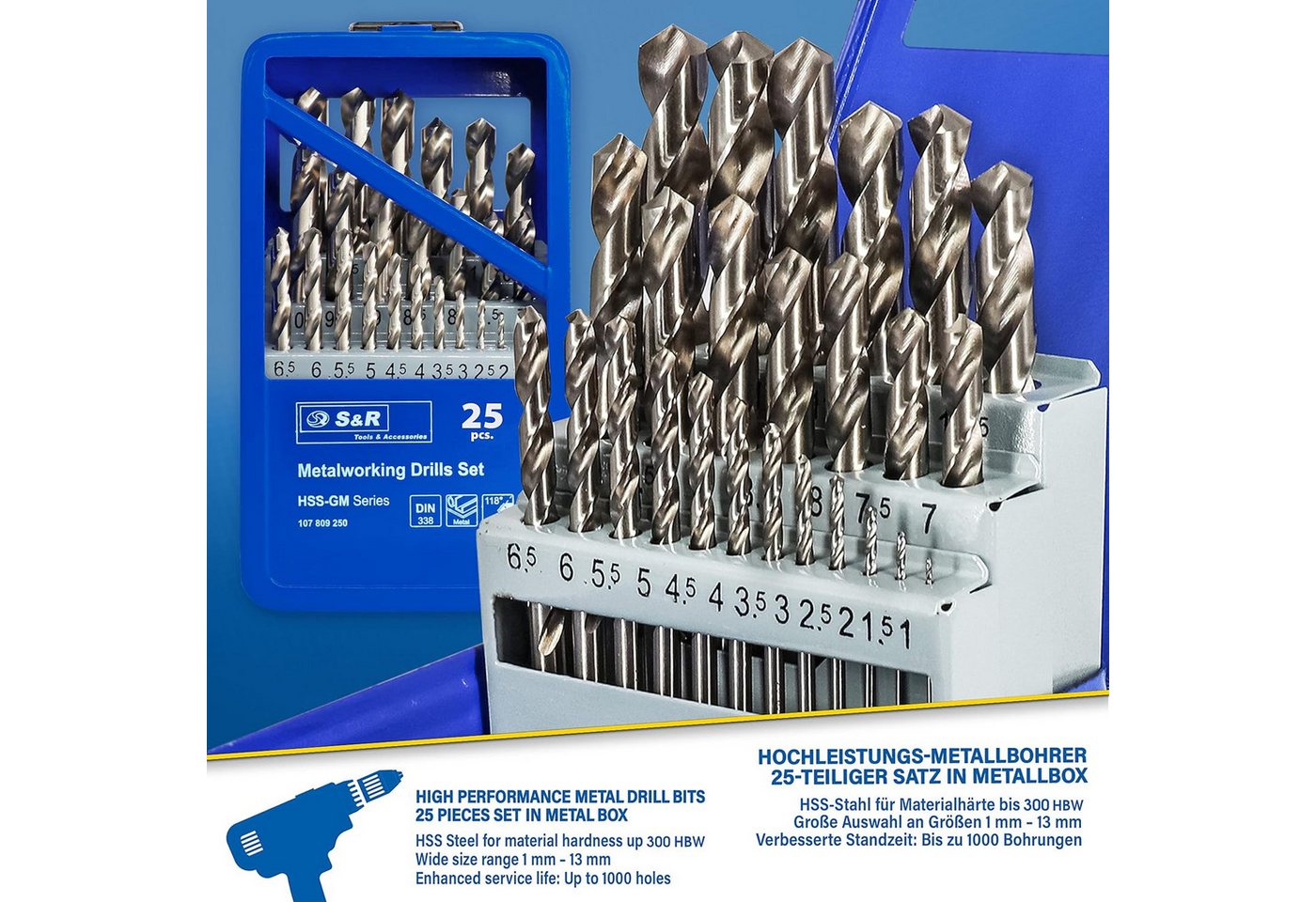 Thumbnail - S&R Metallbohrer -Set, 118° Spitzenwinkel, GM-Serie, HSS-Stahl, Industrie-Qualität, (Set, 25 teilig, ø 1-13 mm), extra h...