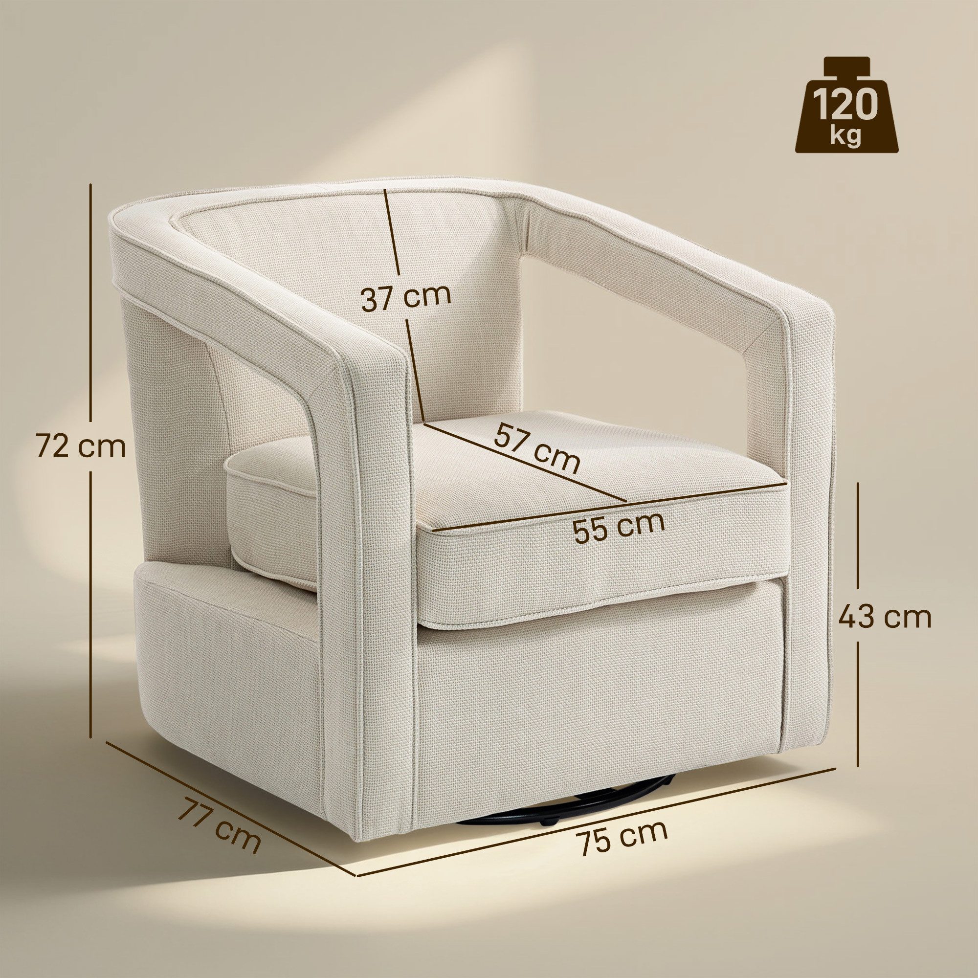 HOMCOM Sessel Loungesessel 360° drehbar Polsterstuhl mit Leinenoptik (Relaxsessel, 1-St., Gepolsterter Armlehnstuhl), für Wohnzimmer, Schlafzimmer, Beige