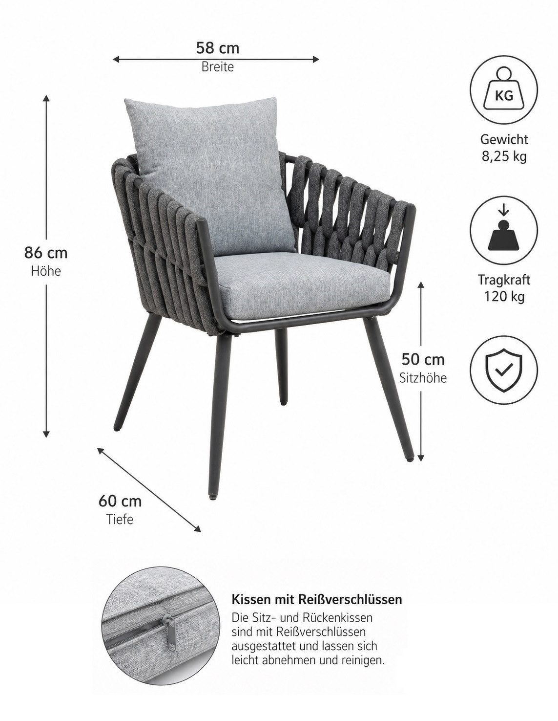 Gardissimo Gartenstuhl 2 er Set Nizza Diningstuhl Loungestuhl (Spar-Set, 2 St), wetterfest / 120 kg Tragkraft / Alu-Gestell