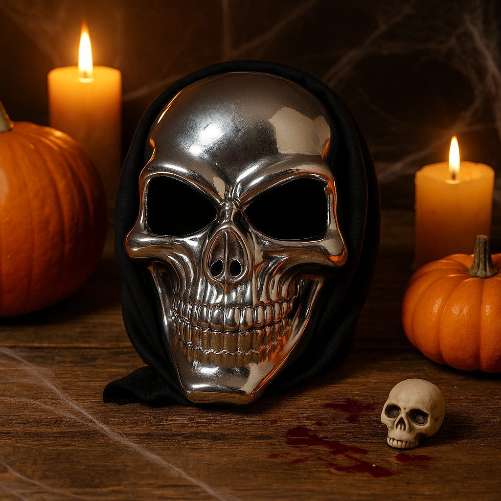 Goodmark Verkleidungsmaske Totenkopfmaske Silber mit Kapuze Halloween Schädelmaske Gruselmaske, (1-tlg), Gruselig glänzender Totenkopf-Look