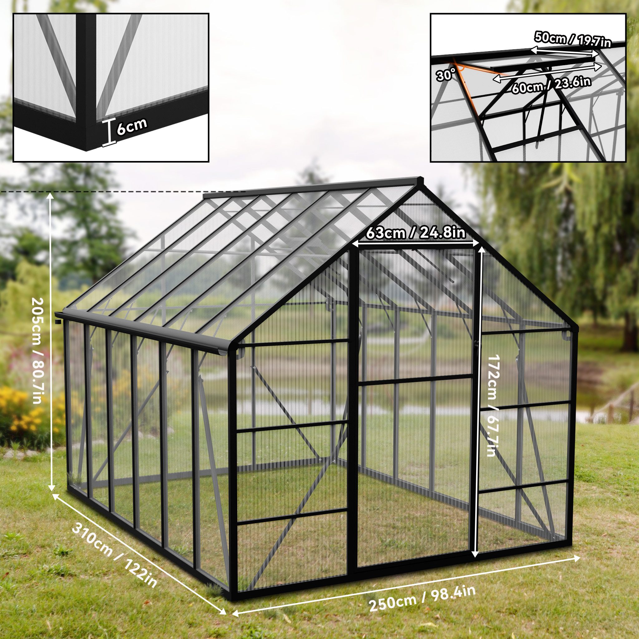 FIVMEN Gewächshaus ALU mit Fundament rostfrei BxTxH: 310 × 250 × 205 cm, BxTxH: 310 x 250 x 205 cm, Premium Gartengewächshäuser Aluminium mit 6 cm Fundament – Bild 2 von 5