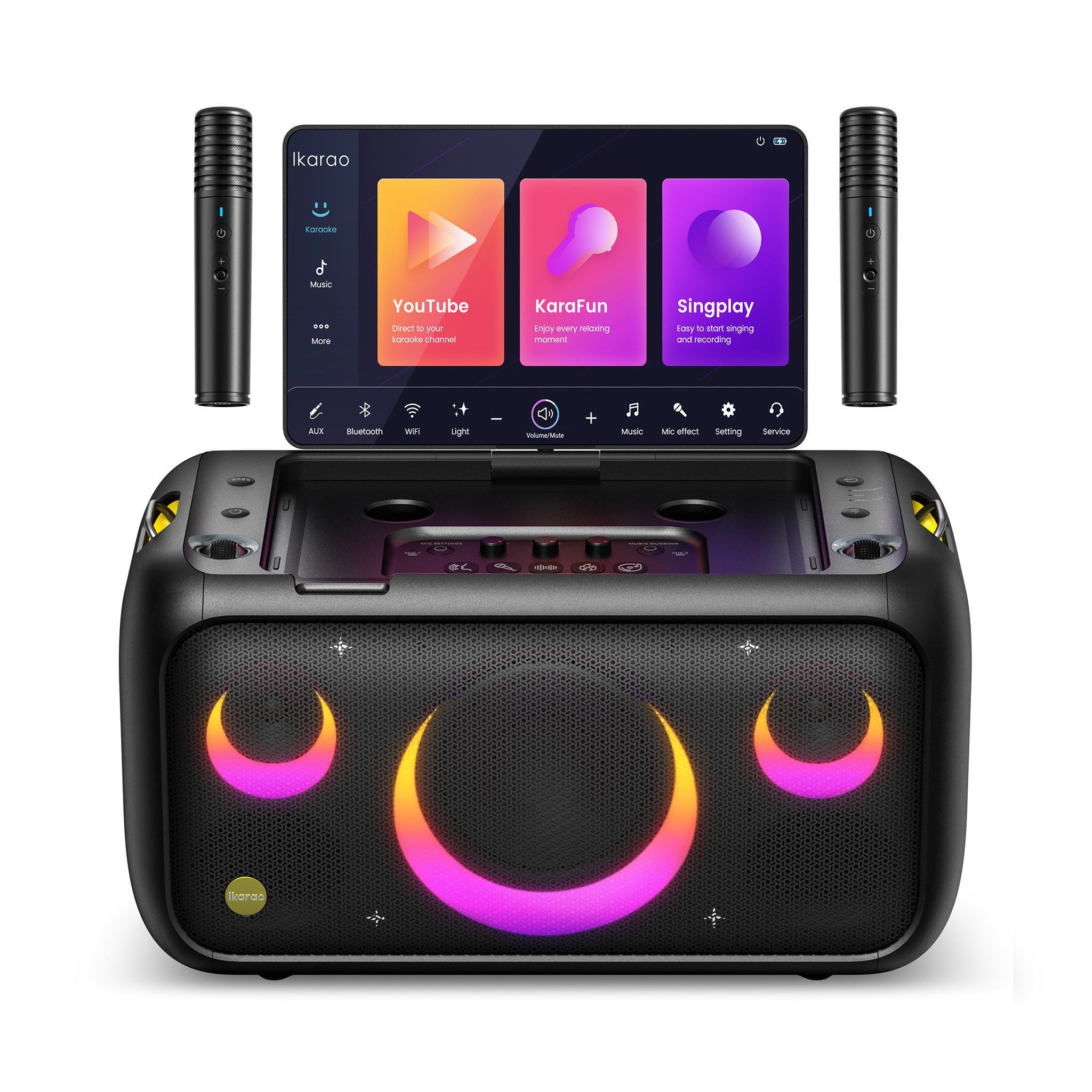 Ikarao Karaoke-Maschine 2.0 (WiFi 2.4 GHz, WiFi 5 GHz, Bluetooth 5.4, 460 W, Karaoke Lautsprecher, Touchscreen, 2 Mikrofone (kabellos), Lichteffekt)