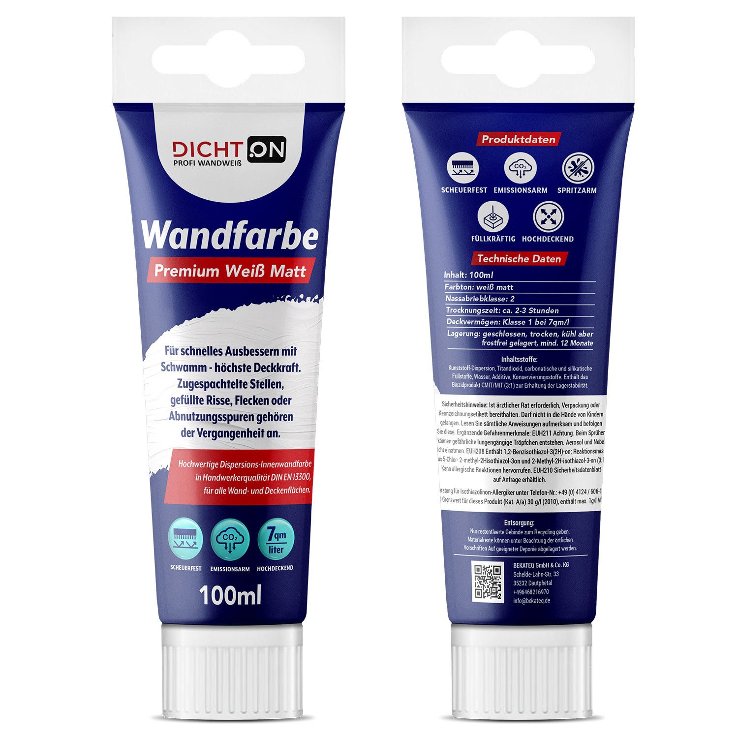 DICHTON Wandfarbe Ausbessern weiß mit Schwamm 100ml D.63W, Deckvermögen Klasse 1 bei 7qm/L