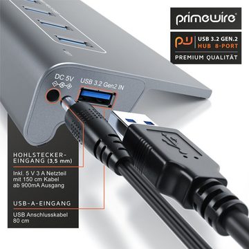Primewire USB-Adapter 1× USB Typ A Stecker zu 8 x USB 3.2 Gen1 Buchse - davon 1x USB Ladeport smart Charge, 8 Port USB Port Hub, 5 Gbit/s Aktiv Verteiler mit Netzteil, Alugehäuse