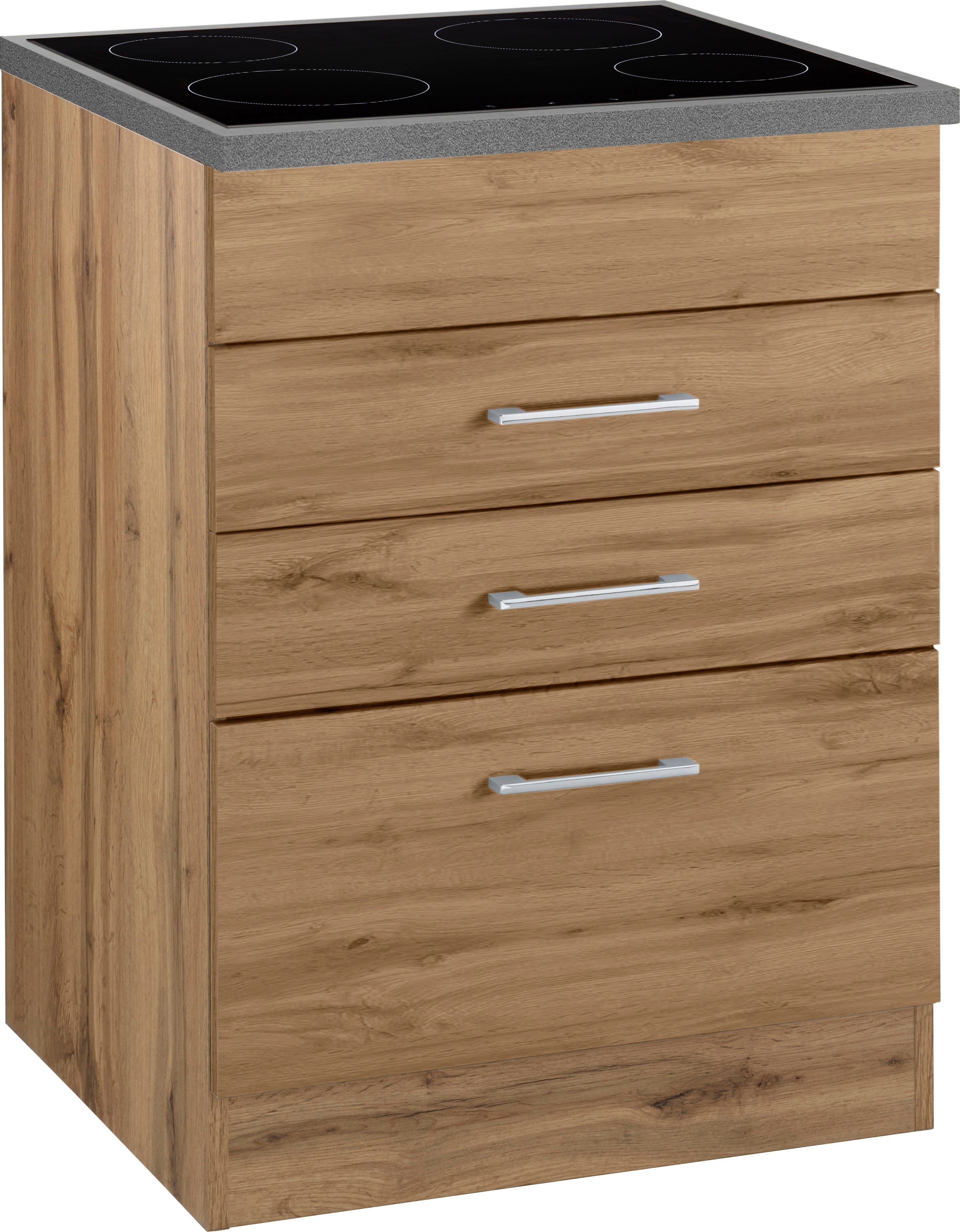 KOCHSTATION Kochfeldumbauschrank KS-Colmar 60 cm, mit Metallgriff, 2 Schubkästen und 1 Auszug