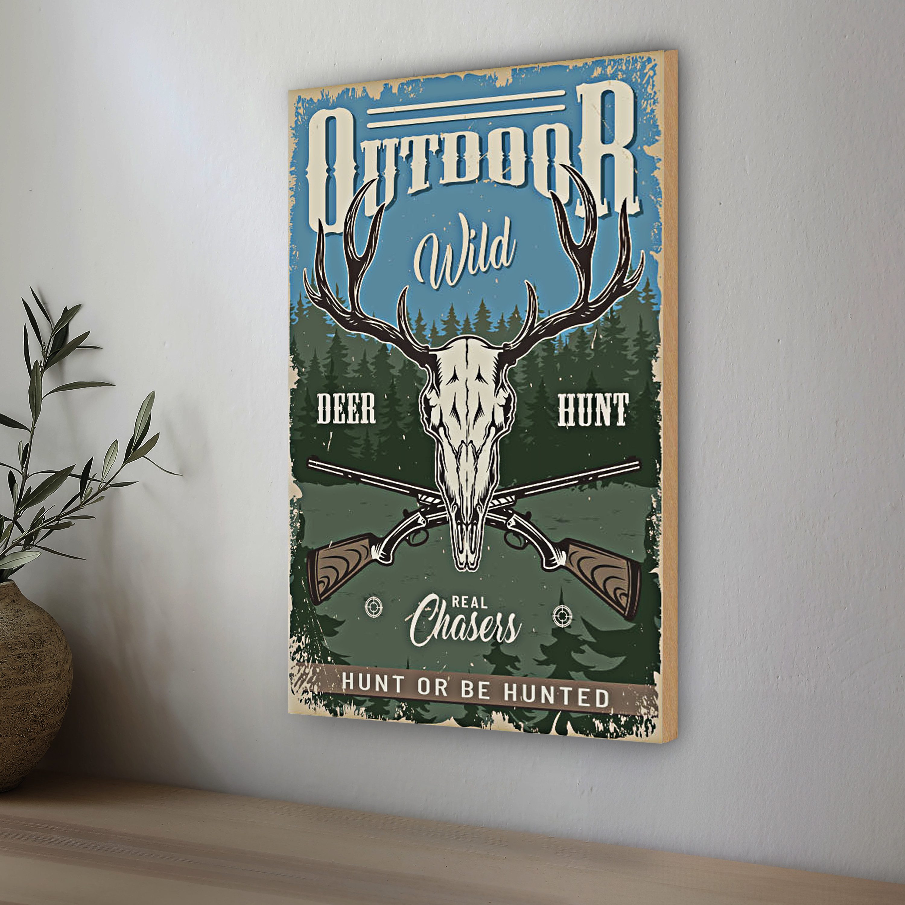 Roomando Holzbild Jagd 12x18cm Outdoor wild deer hunt