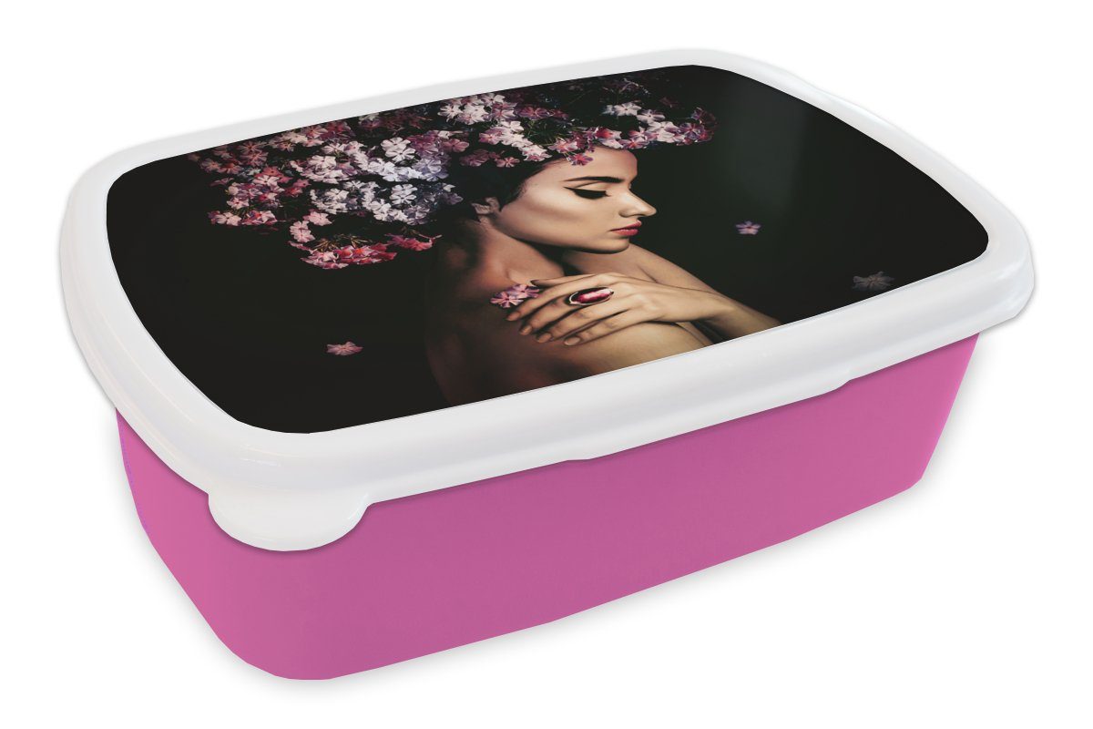 MuchoWow Lunchbox Blossom - Frau - Rosa - Luxus, Kunststoff, (2-tlg), Brotbox für Erwachsene, Brotdose Kinder, Snackbox, Mädchen, Kunststoff