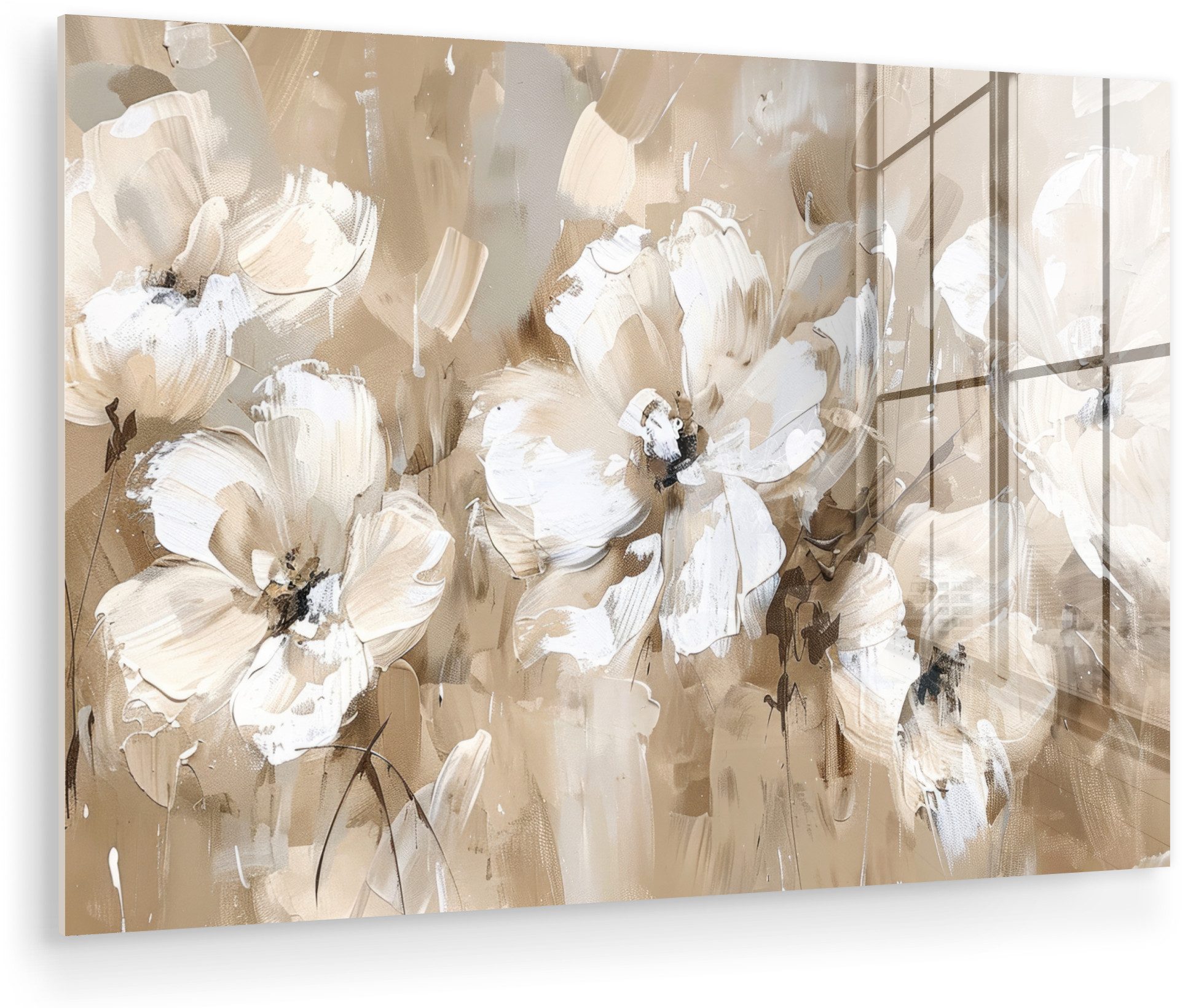 MuchoWow Acrylglasbild Blumen - Beige - Abstrakt - Modern, Inkl. Aufhängung, Glasbilder Wohnzimmer, Schlafzimmer, Flur & Esszimmer, 30x20 cm