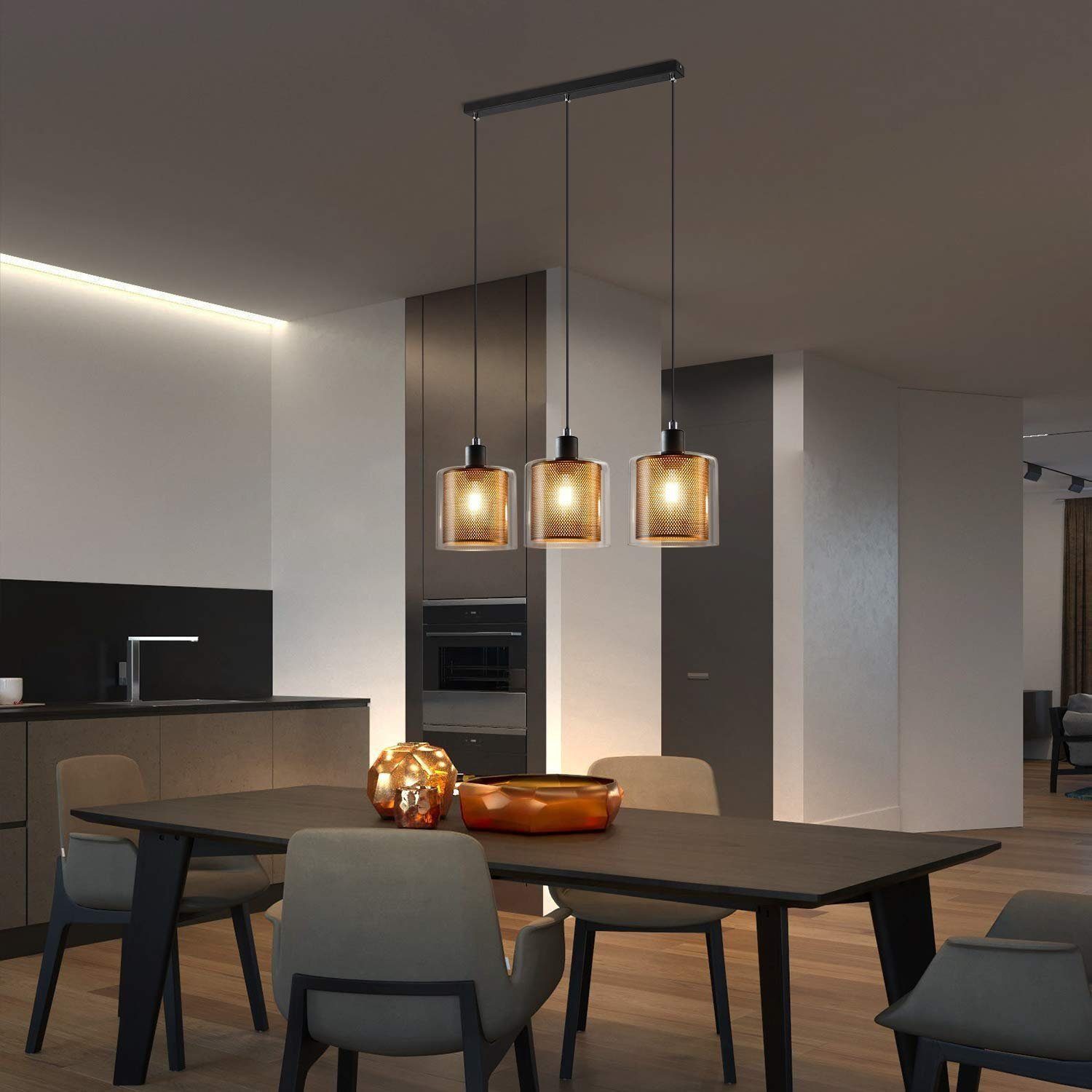 Nettlife Pendelleuchte Gold 3-flammig Glasschirmen Käfig-Design Retro Hängelampe, ohne Leuchtmittel, für Esstisch Wohnzimmer höhenverstellbar warmes Lich