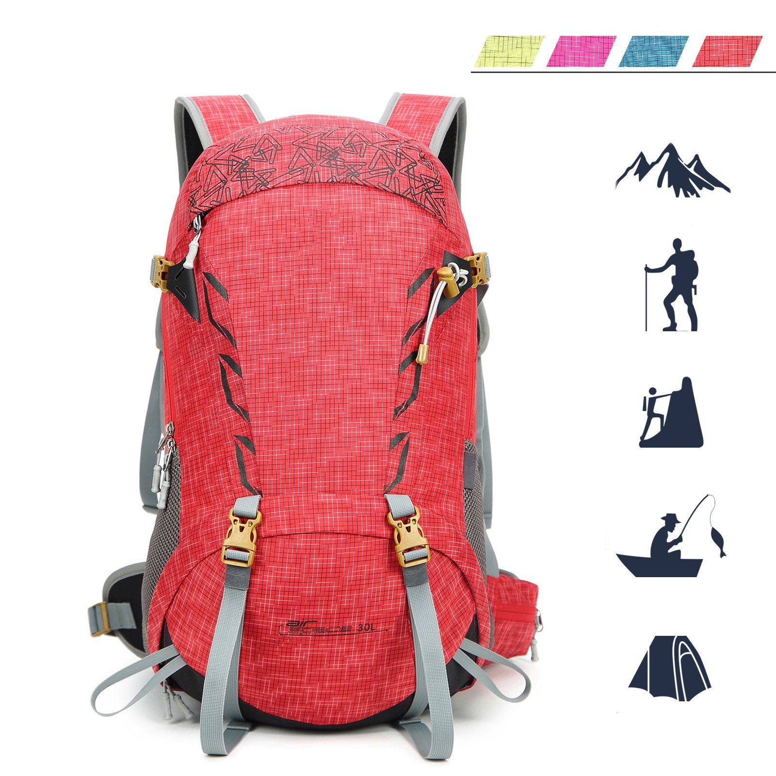 TAN.TOMI Wanderrucksack (Einschließlich Outdoor Trekking mit Regenschutz), Großer Rückenbelüftung, Rot Reisen für Wanderrucksack Camping 30L Wasserdicht Regenschutz mit